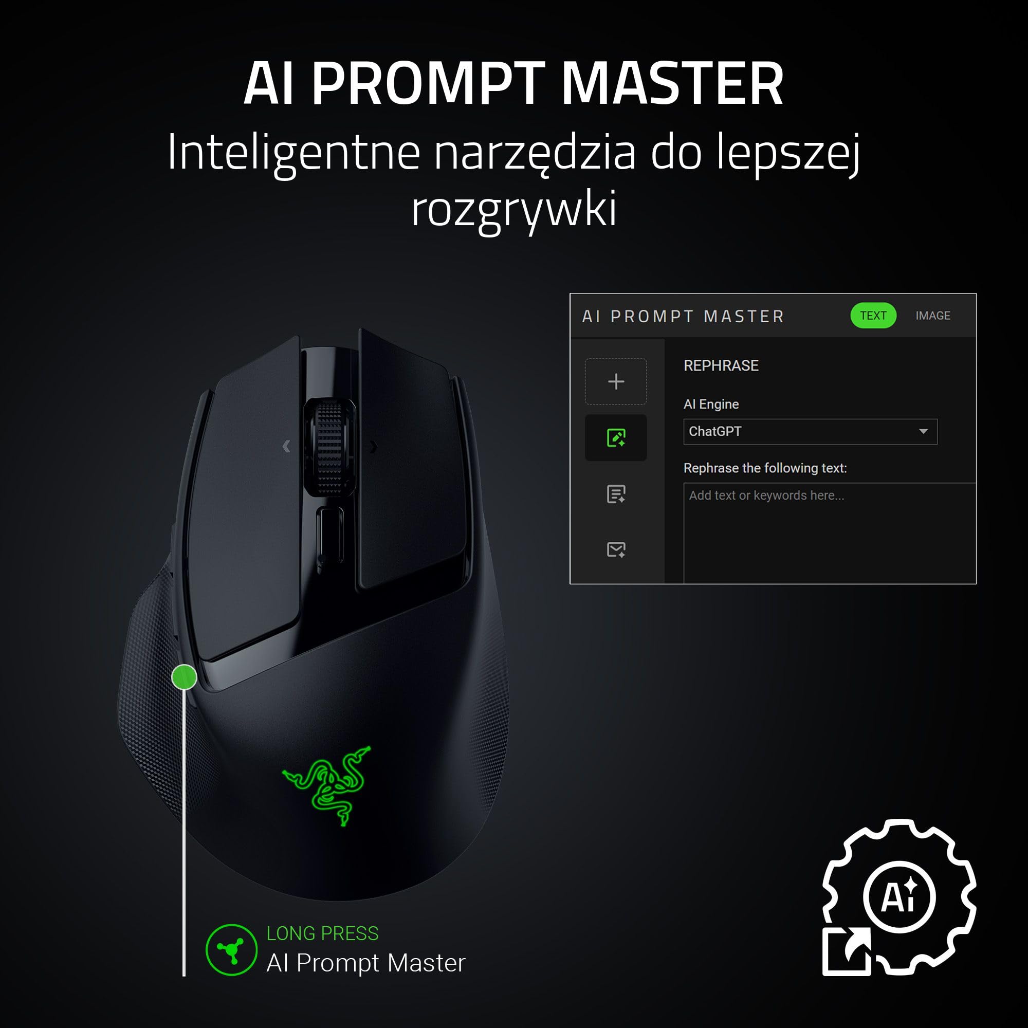 Razer Basilisk Mobile - mała przenośna ergonomiczna bezprzewodowa mysz do gier - AI Prompt Master - czujnik Focus X 18K (łączność w trzech trybach, do 105 godzin) Czarny