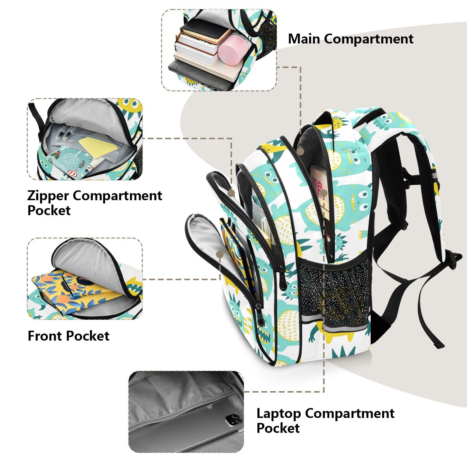 KLL Czysty design plecak dla nastolatek torby szkolne nastolatki dzieci podróż plecak śliczne małe potwory zielony żółty