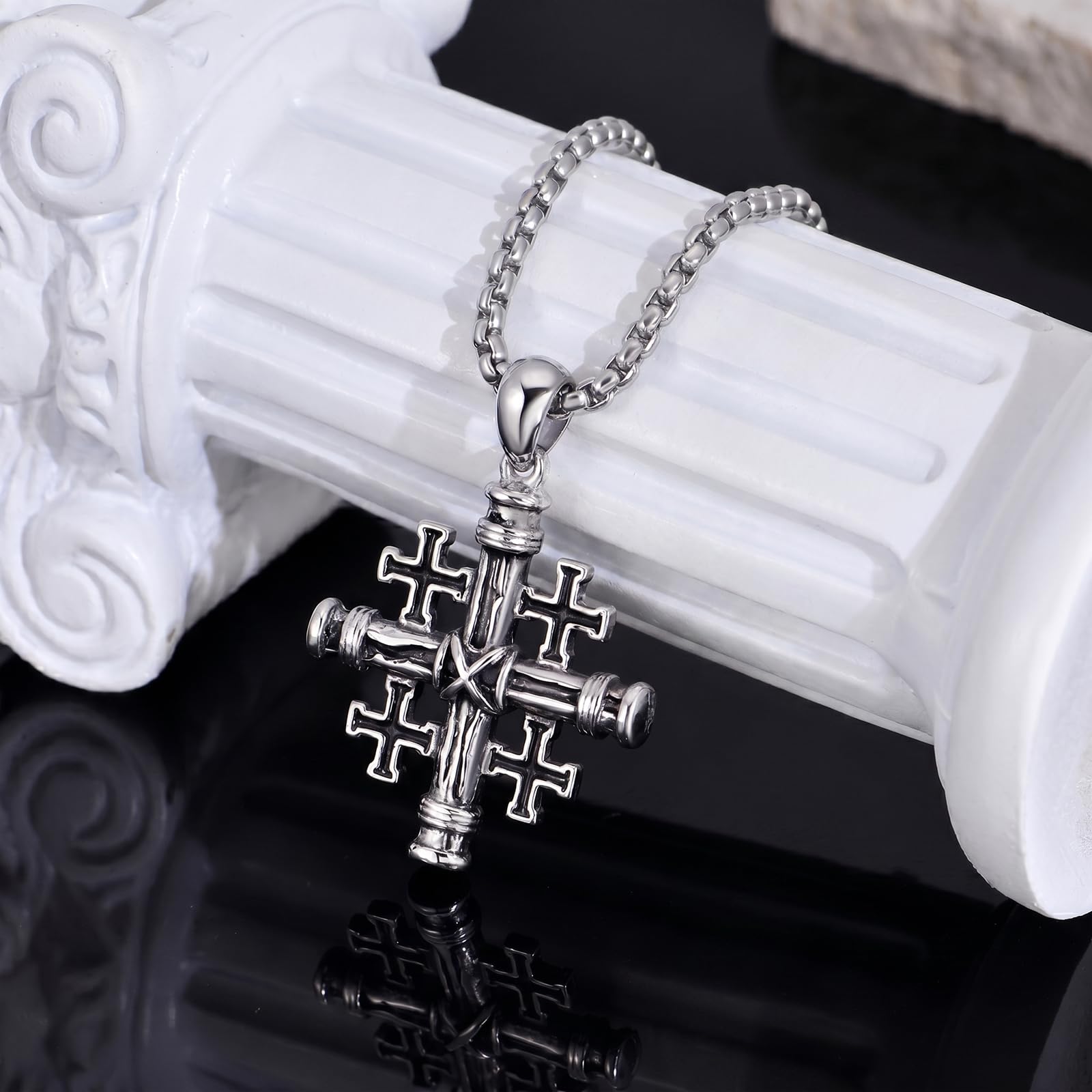 Jerusalem Kreuz Halskette für Männer 925 Sterling Silber Nagelkreuz Anhänger Kette Kreuzfahrer Jerusalemkreuz Schmuck Geschenke für Vater Ehemann Bruder