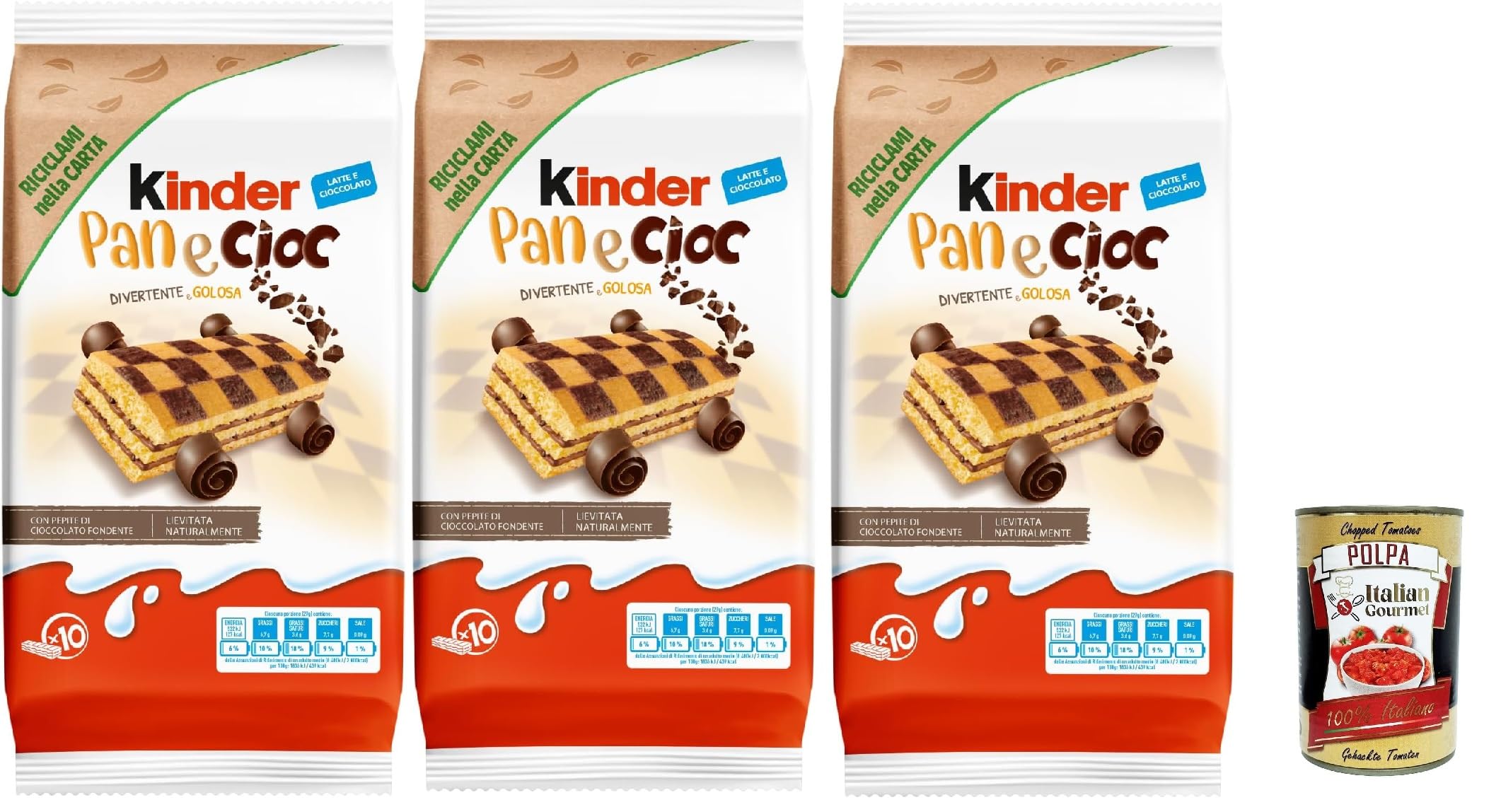 Kinder Pan e Cioc – 3 Beutel × 10 Stück (30 Snacks) – weiche Milchbrioches mit Schoko-Stückchen, einzeln verpackt, ideal für Frühstück, Schule & unterwegs, Familien-Vorrat + Italian Gourmet polpa