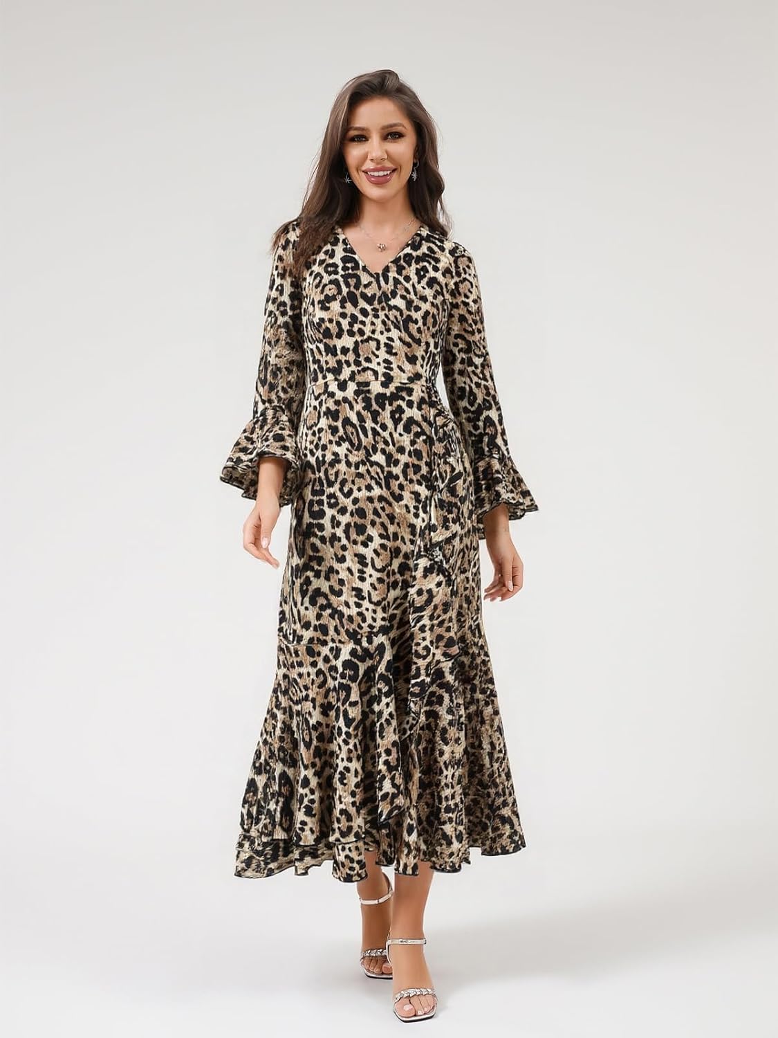 DERAX Womens Leopard Print Maxi Dress Long Sleeve V Neck Ruffle Asymmetrical Hem 2026 Spring Long Dresses - Image 5