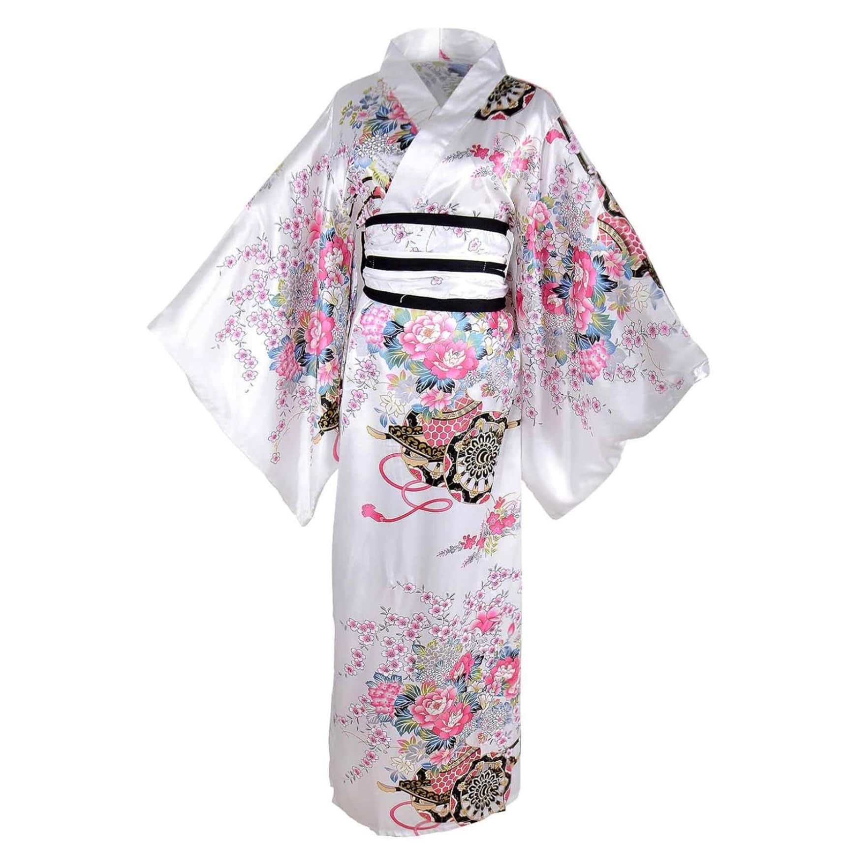 Yukata para Mujer, Kimono japonés con Estampado Floral, Sedoso, cómodo y Agradable para la Piel, con cinturón, Estilo Tradicional de Kioto, Ideal para Fiestas, Cosplay y Accesorios (Blanco).