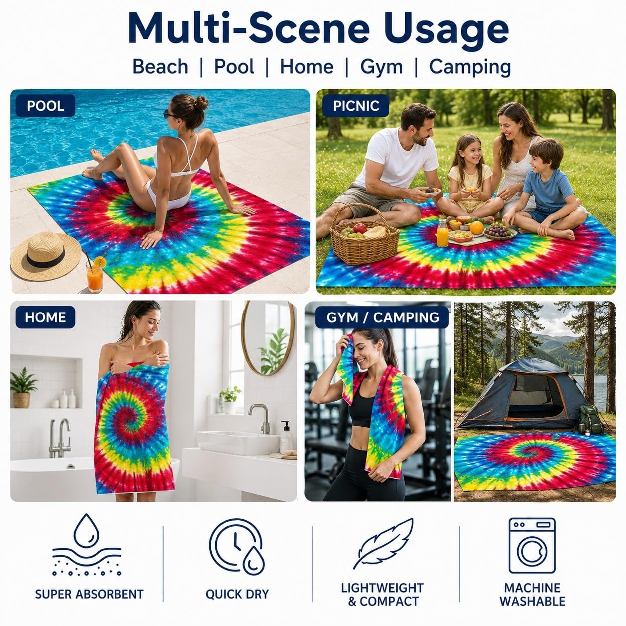 Serviette de Plage Tie-Dye en Spirale Microfibre Rapide 200x200 cm