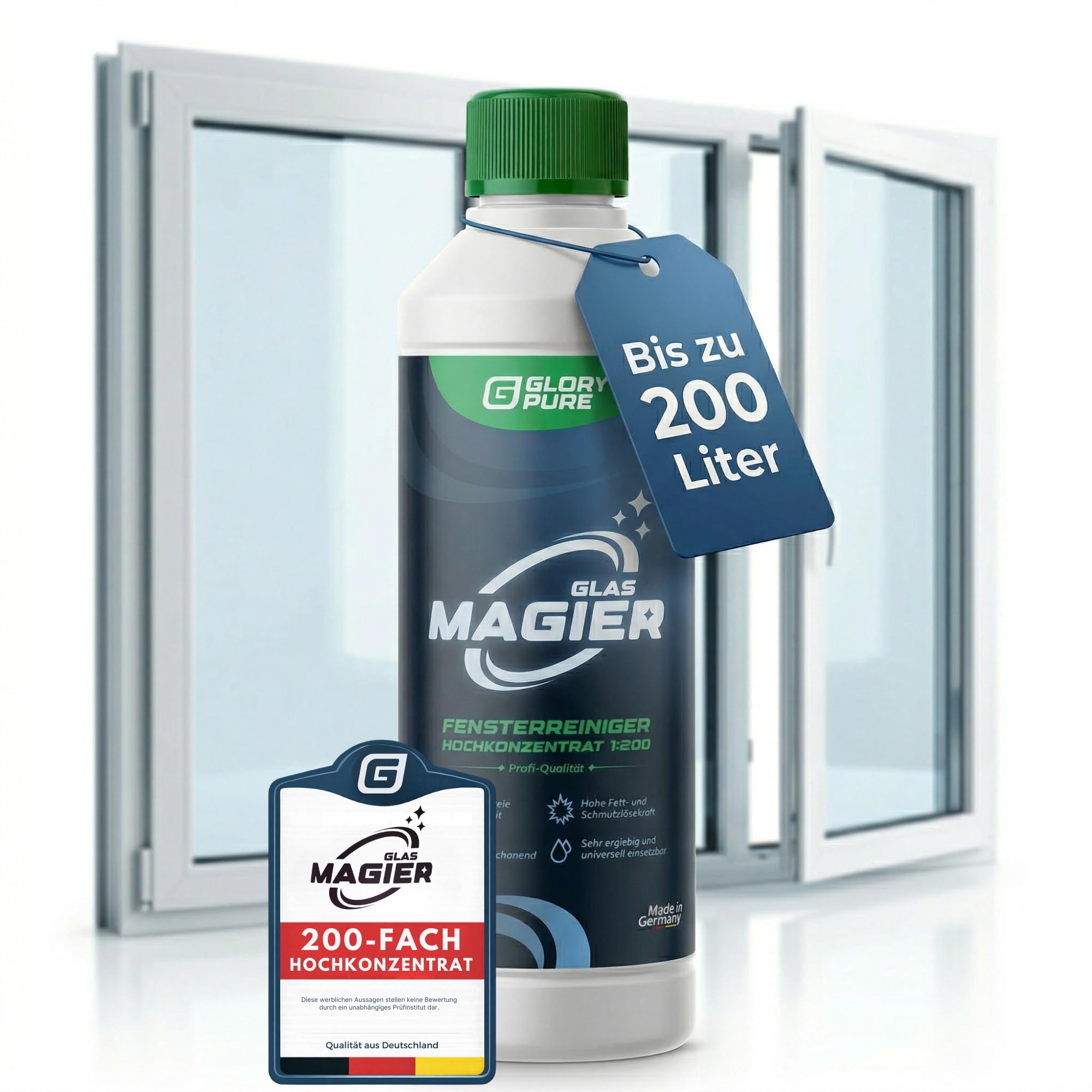 GLAS-MAGIER Fenster-Reiniger 200-fach Hochkonzentrat in Profi-Qualität | Streifenfreie Sauberkeit, materialschonend, sehr ergiebig | Exzellent auch für Fenster-Sauger