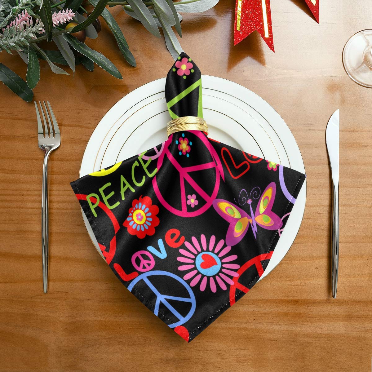 AUUXVA Peace Sign Floral Cloth Napkins Set of 6, Washable Dinner Napkins Kitchen Table Napkins for Family Dinner Weddings Party Restaurant 20 x 20 in