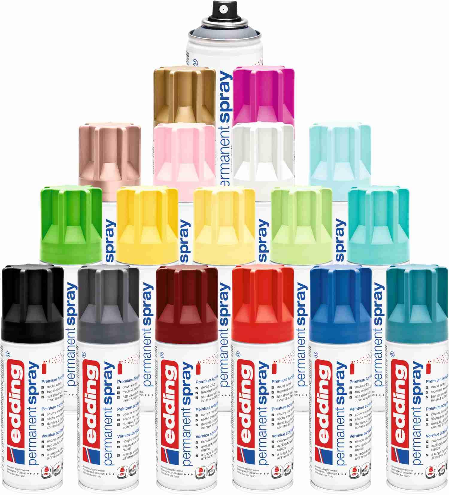 Sprühdosen Set Edding 18 Knaller Farben Premium Spray - matt - Sprühlack für Dekor-Arbeiten + Ersatzsprühköpfe - trocknet sehr schnell, hält dauerhaft