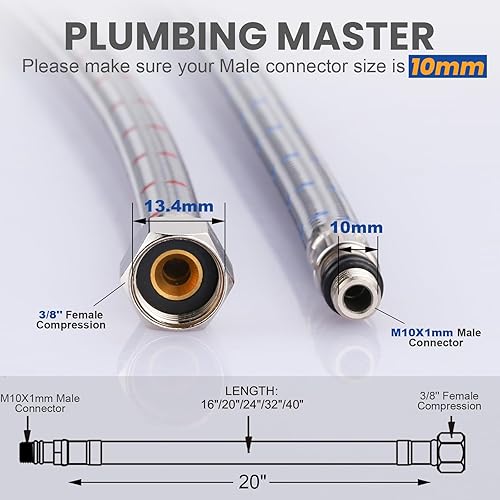 Miniatura 2 de ARCORA Manguera de grifo de baño de 20 pulgadas, líneas de suministro de nailon trenzado cUPC de compresión hembra de 38 pulgadas × conector macho