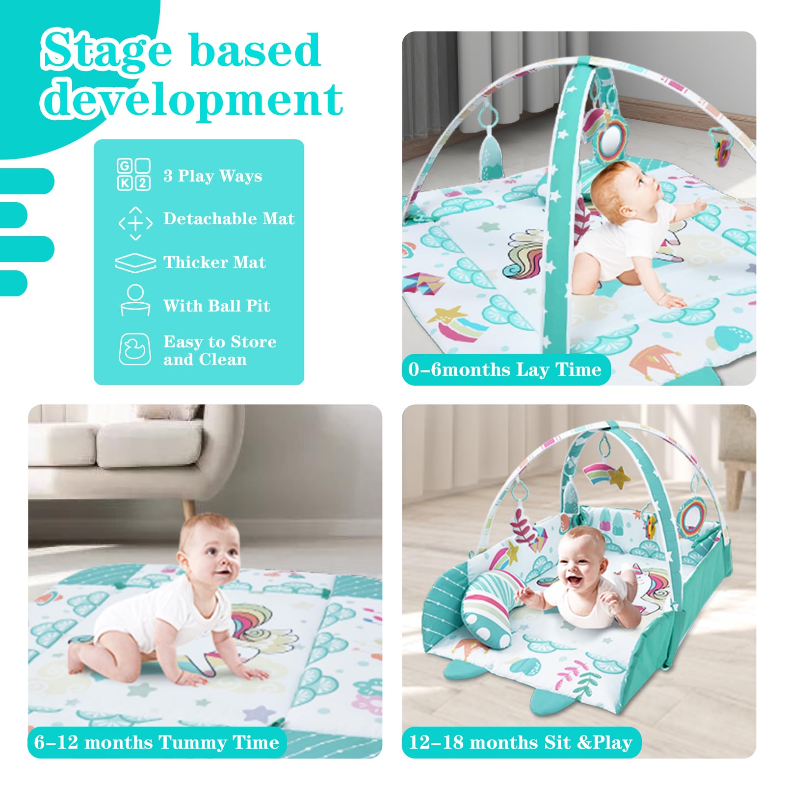 TFDER 5 in 1 Palestrina Neonato Multifunzione, tappeto gioco e vasca palline con lati, Giocattoli Staccabili,Stimola Sviluppo del Neonato con Tante Attività - Giochi Neonato 0+ Mesi,Bianco e verde