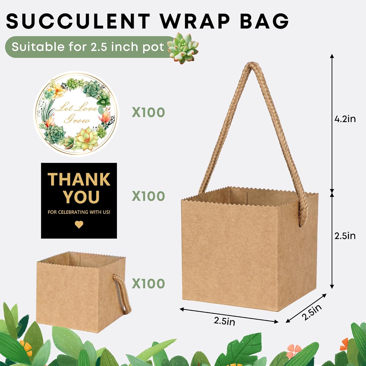 ULLIKI 2.5 Inch Succulents Wrap Bags with Thank You & Let Love Grow Stickers, Mini Succulent Gift Bags with Handles, Succulent Party Favors for Guests, Garden Party Favors for Guests (Brown 100pcs)