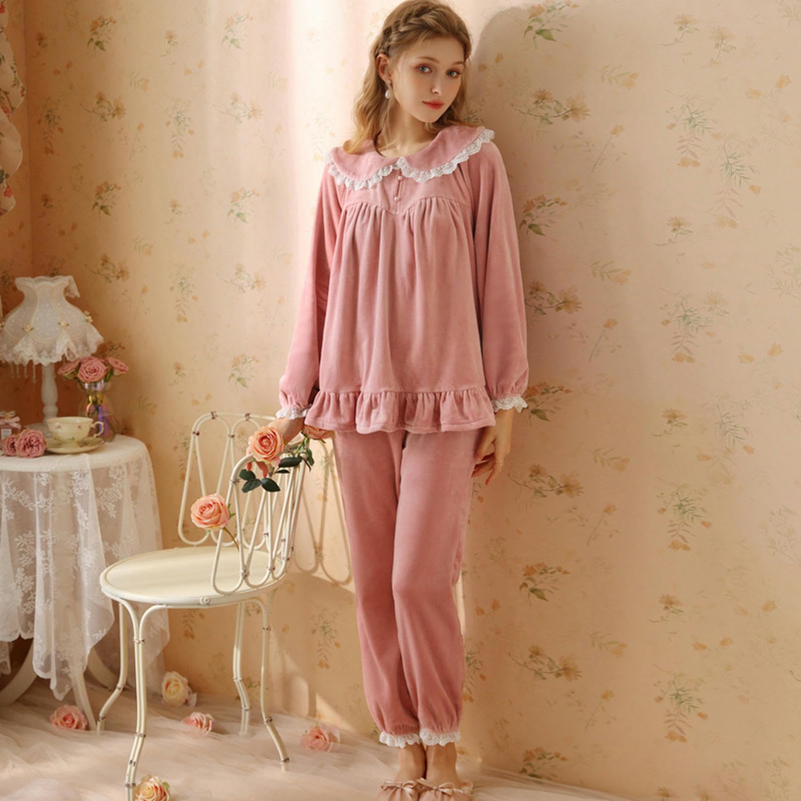 Schlafanzug Damen Lang Baumwolle Prinzessin Samt Damen Pyjama Mädchen Langarm Herbst Und Winter Plus Samt Verdickt Süß Warm Hause Zwei-stück Anzug-schwarz-m
