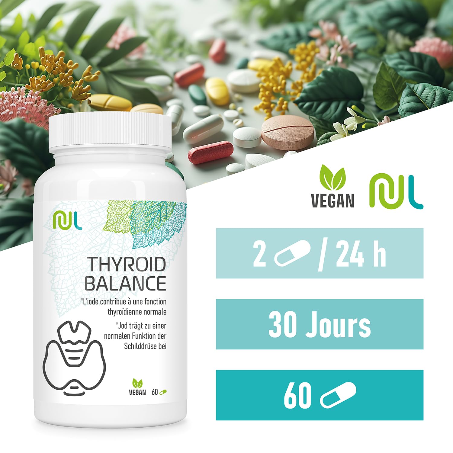 Thyroid Balance - 60 Gélules Végétales - Complément Thyroïde - Soutien Thyroïdien et Équilibre Hormonal - Enrichi en Iode, Sélénium, Zinc - Fabriqué en France - Sans Gluten ni Lactose - Nutri Life