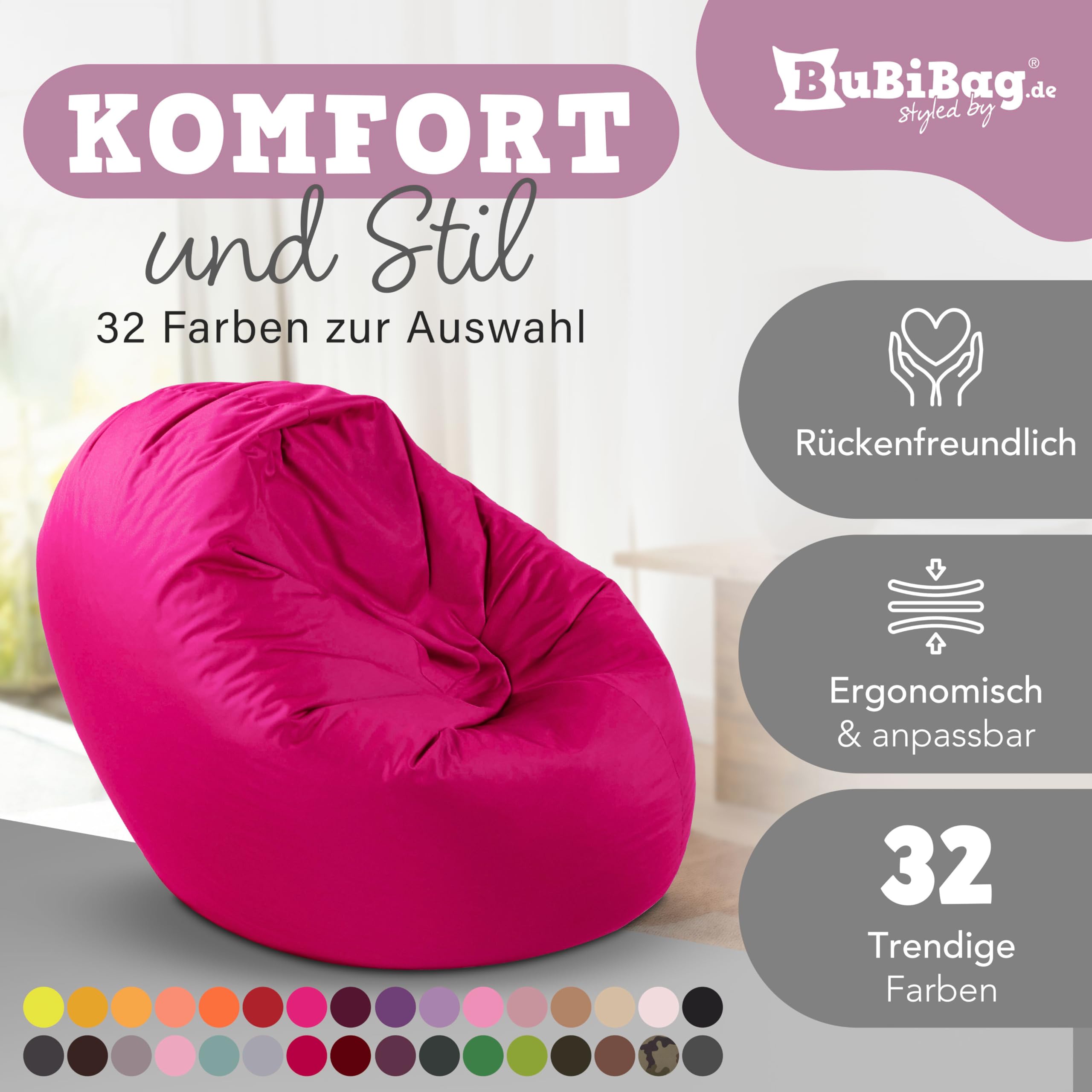 BuBiBag 2in1 Sitzsack für Kinder & Erwachsene - Farbe: Beere Ø 70cm - Indoor & Outdoor - Bodenkissen & Sessel - mit EPS-Perlen - ergonomisch & wasserabweisend
