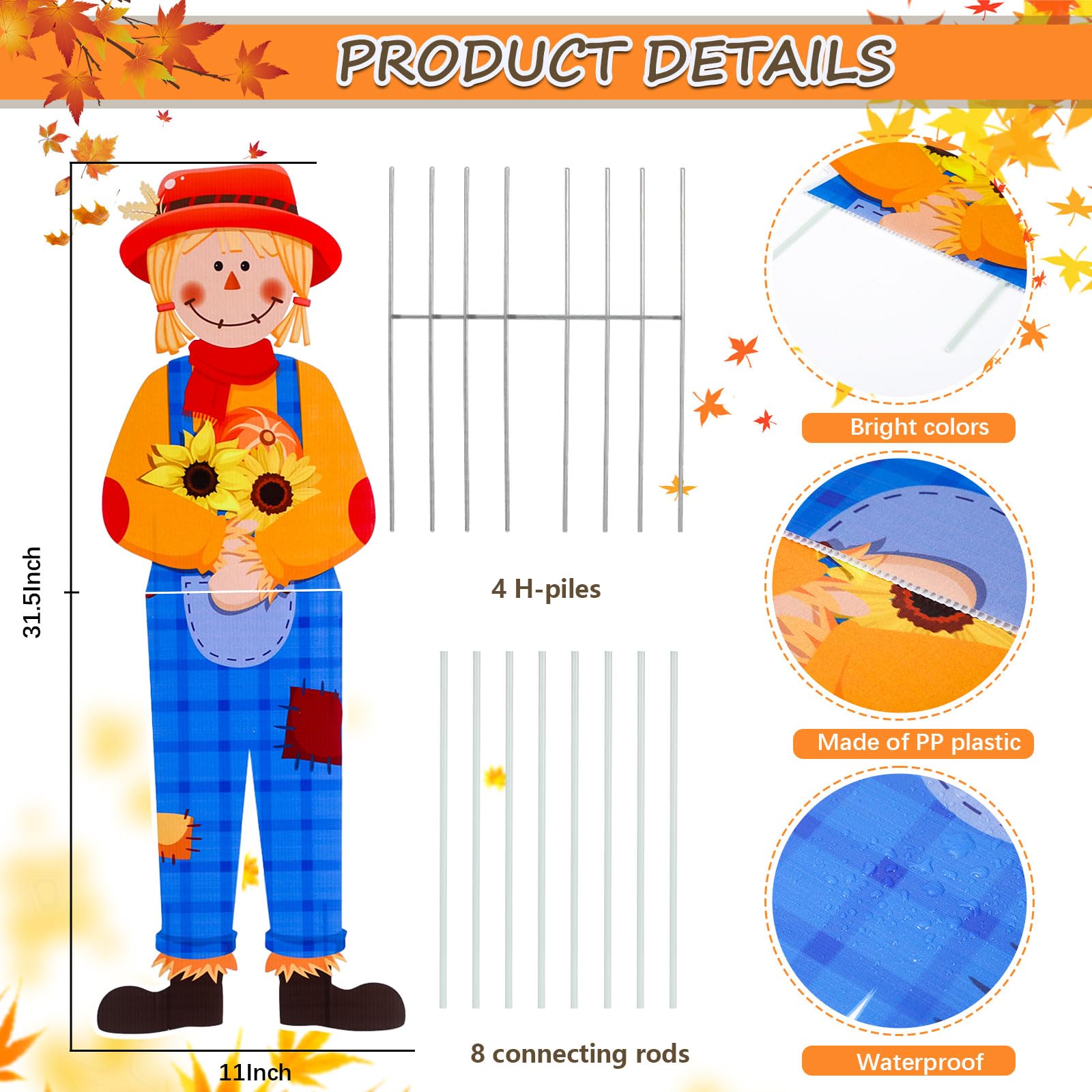 Sintuff Herbst Hofschilder, 4 Stück – 80 X 30 Cm, Outdoor-Deko Für Thanksgiving, Mit Heringen, Aus PP-Kunststoff