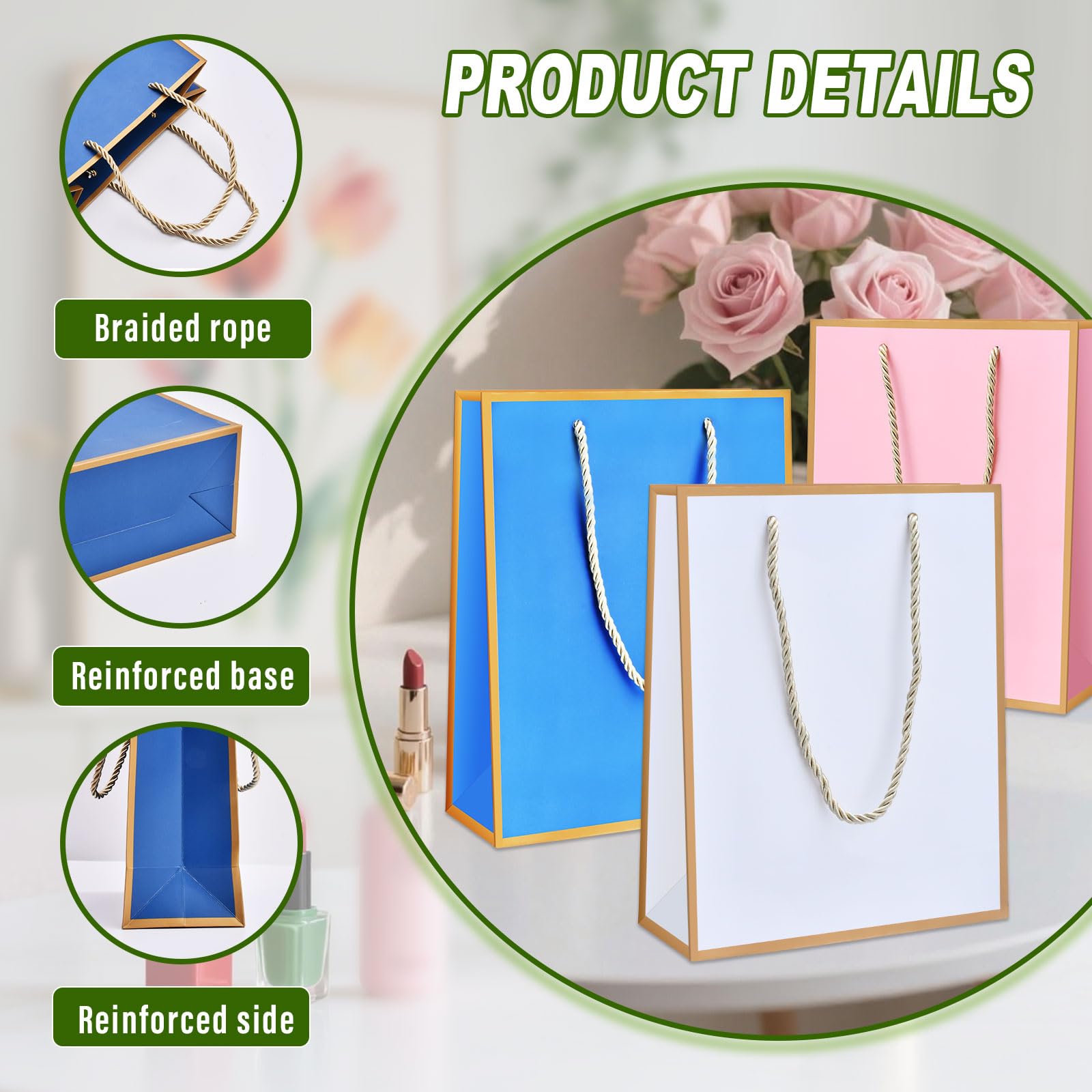24Pack Medium Gift Bags with Handles,White Birthday Gift Bag 7,08'' x 3.14'' x 9.05',Welcome Bags Return Gifts with Golden Edge Design,Thank you Gifts Bag for Christmas Vacation Wedding Bridesmaid