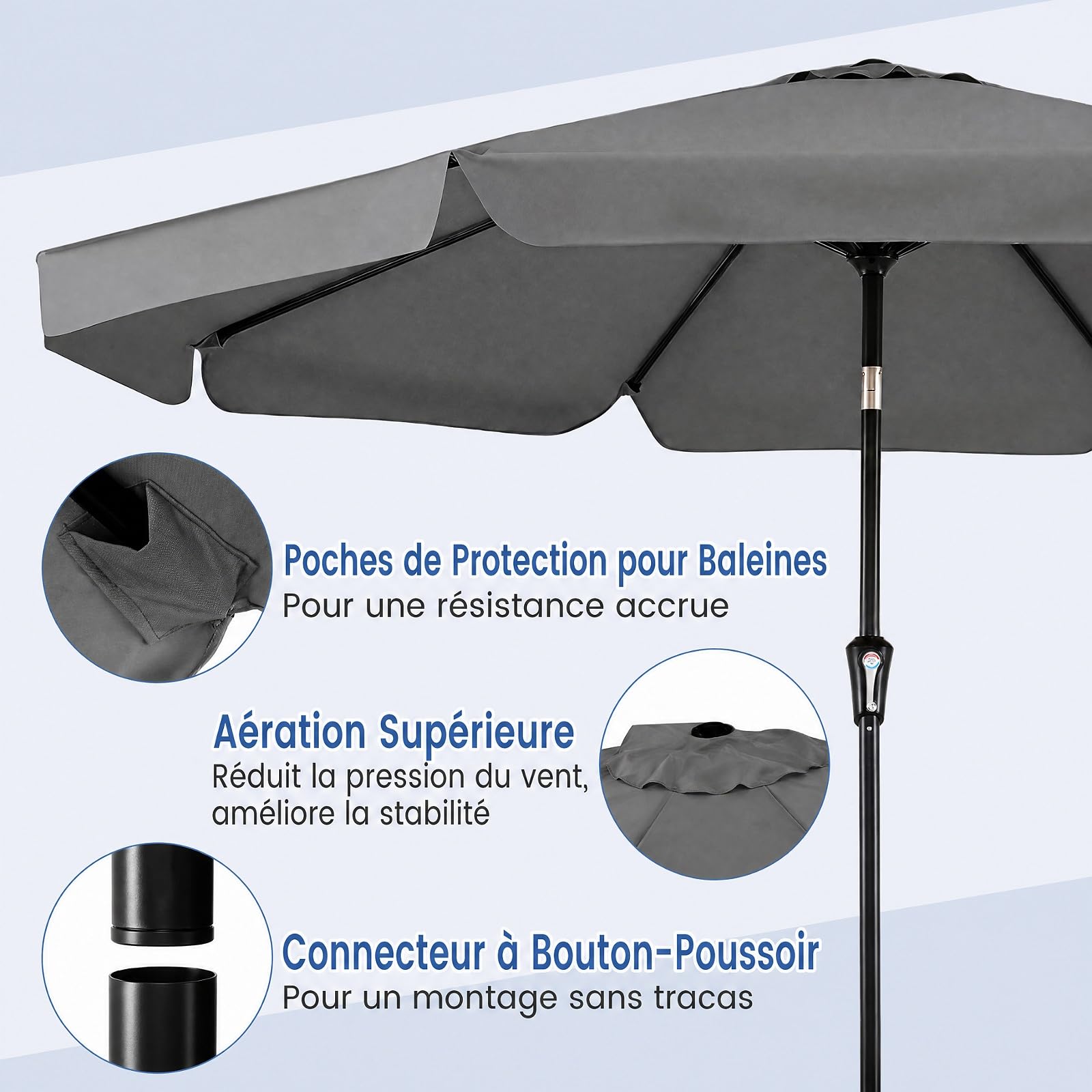 COSTWAY Parasol de Jardin Extérieur à Volant 3m, Parasol Inclinable 30° en Polyester, Manivelle Lisse, 8 Baleines, Protection Solaire&Résistant à l'Eau, pour Terrasse Piscine Plage