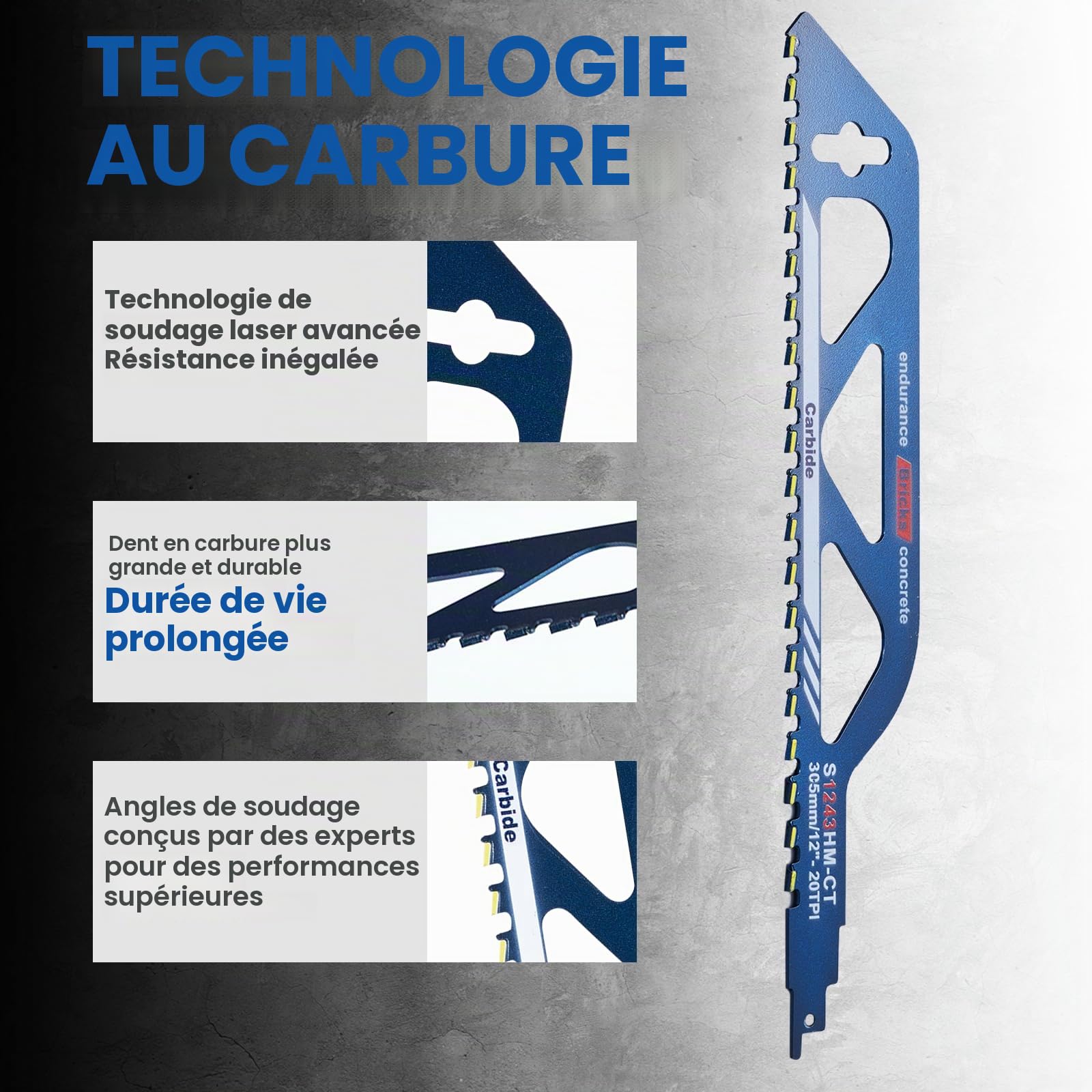 ONEVAN 2 pièces lame scie sabre brique, 305 mm lame de scie sabre universelle, lames de scie alternative pour pierre, béton cellulaire, bois, métal, brique, béton