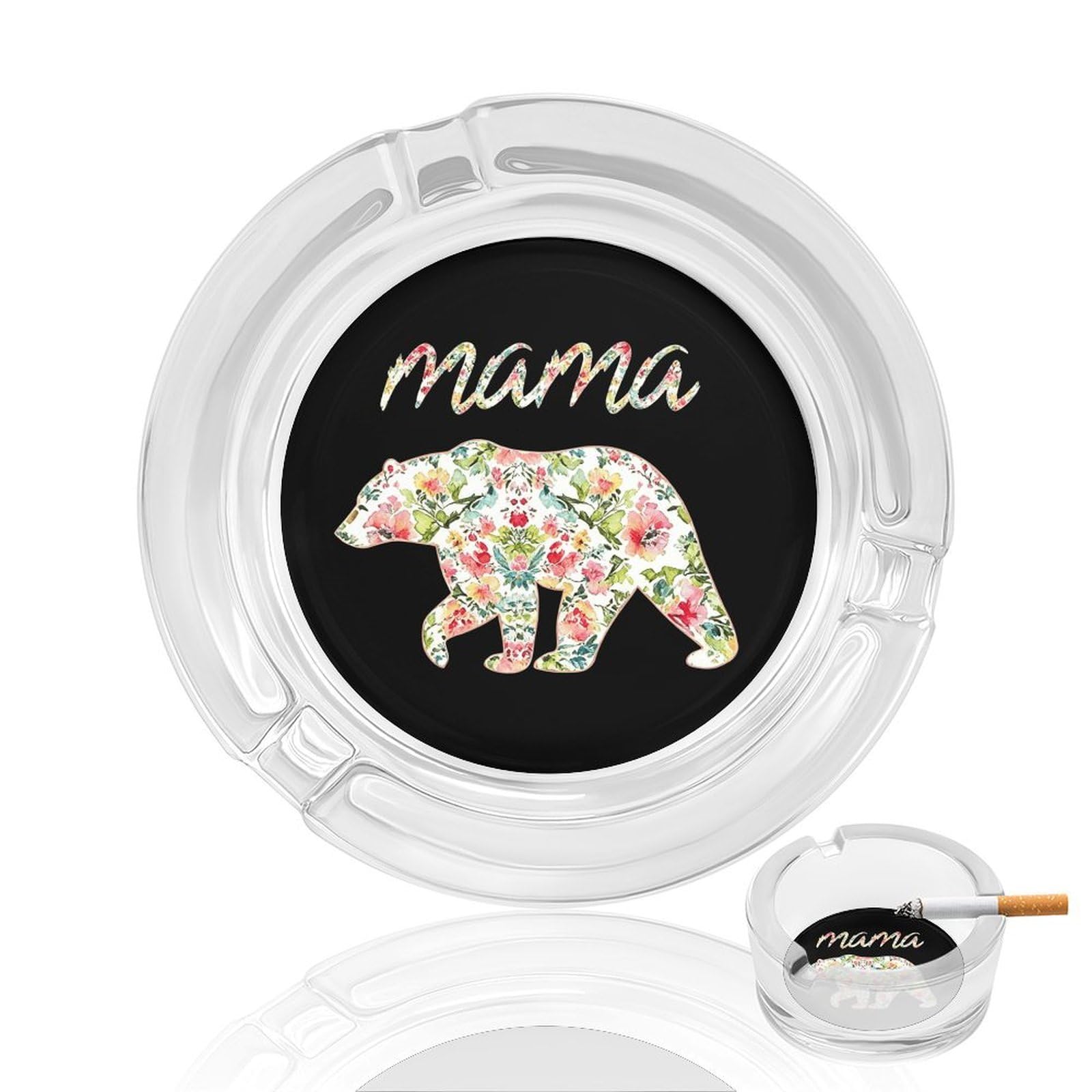 Floral Mama-bears Ashtray Portable Round Glass Outdoor Ash Tray for Home Office Garden Pub