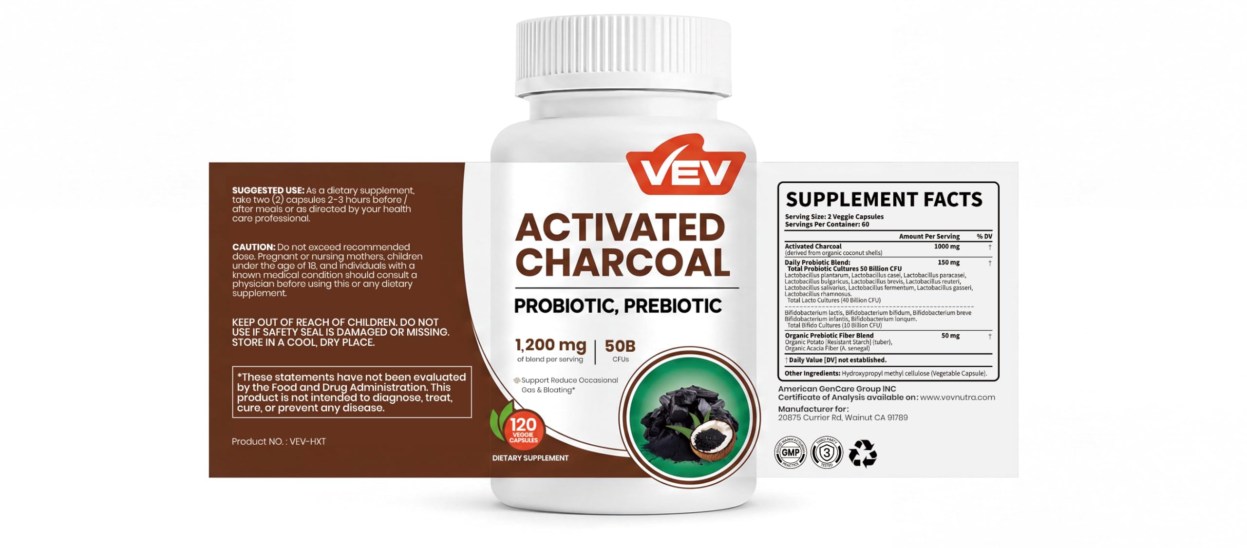 VEV Activated Charcoal Capsules 1200mg, 50B Probiotics, 120 Vegan Capsules — Amazon image 2