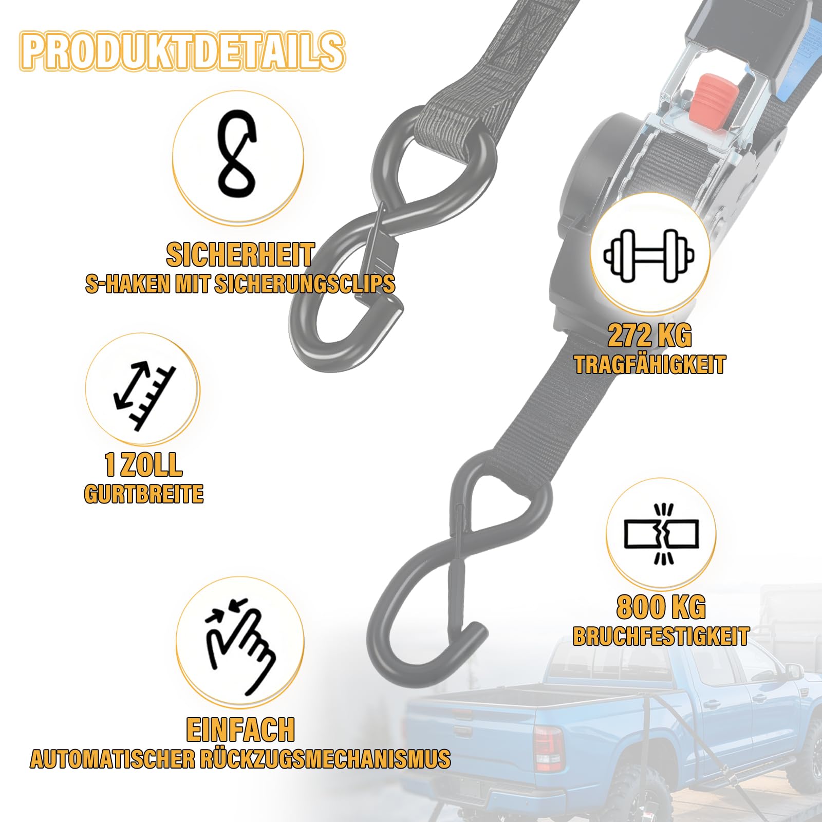 4 Stück Automatik Spanngurt mit S Haken, 3 m x 25mm, 680kg Bruchfestigkeit, Selbstaufrollend Spanngurte mit Ratsche, Zurrgurt für LKW, Kajak, Motorrad, Fahrrad und Anhänger