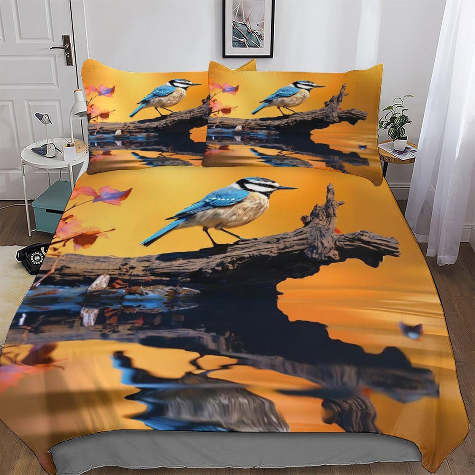 Housse de couette oiseau microfibre king 220x240 cm anti-plis facile à laver