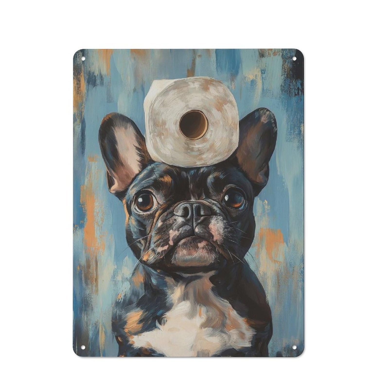 Junmoney Style-13 Garage Style Metal Wall Sign 40X30cm Featuring French Bulldog With Toilet Paper, Garage Wall Decor For Garage, Hobby Room, Office Or Man Cave