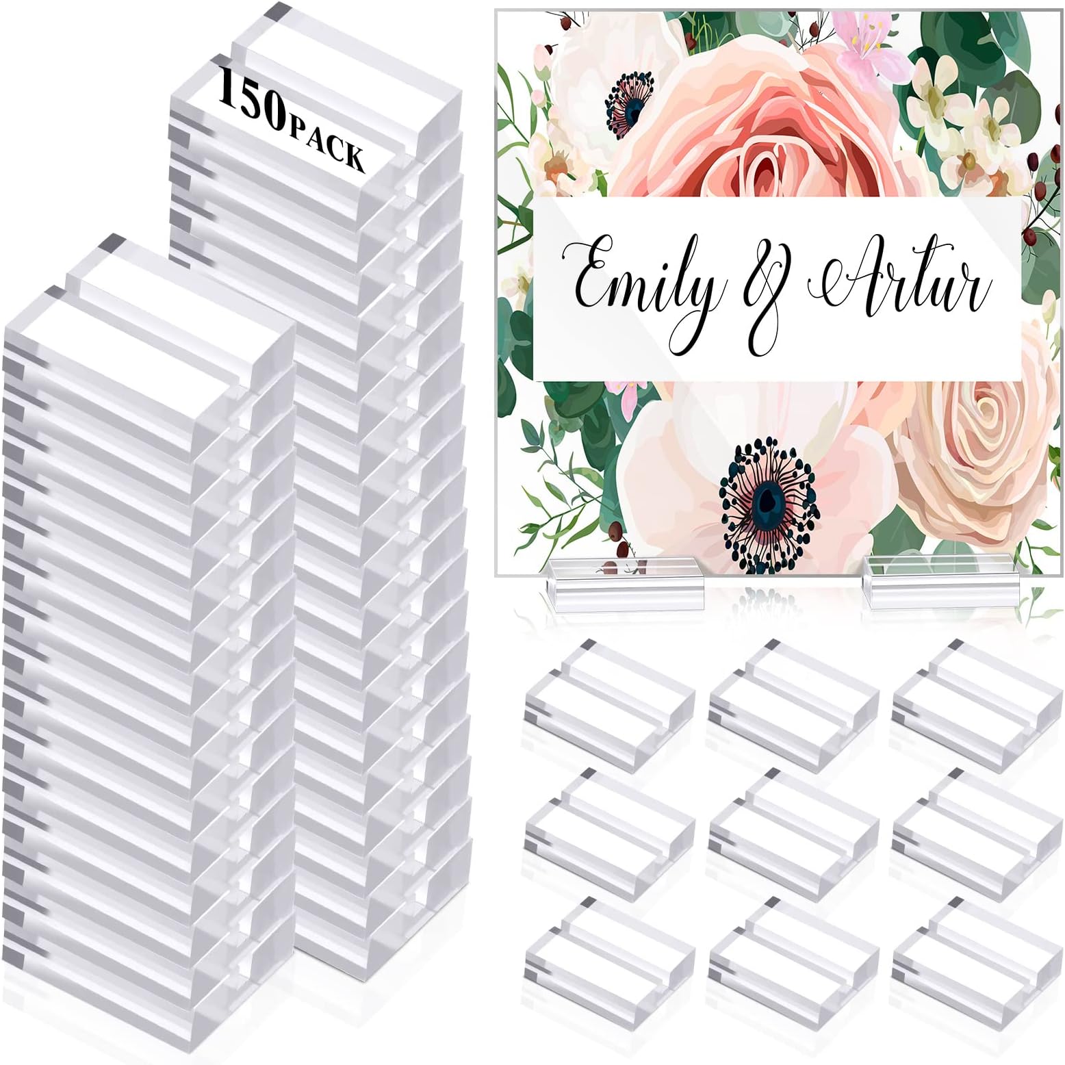 Roowest 150 Pieces Acrylic Place Card Holder 1.2 Inch Clear Acrylic Stands Sign Holders Table Numbers Stands with Card Slot Name Cards Holder for Table Weddings Office Meeting Menu Events