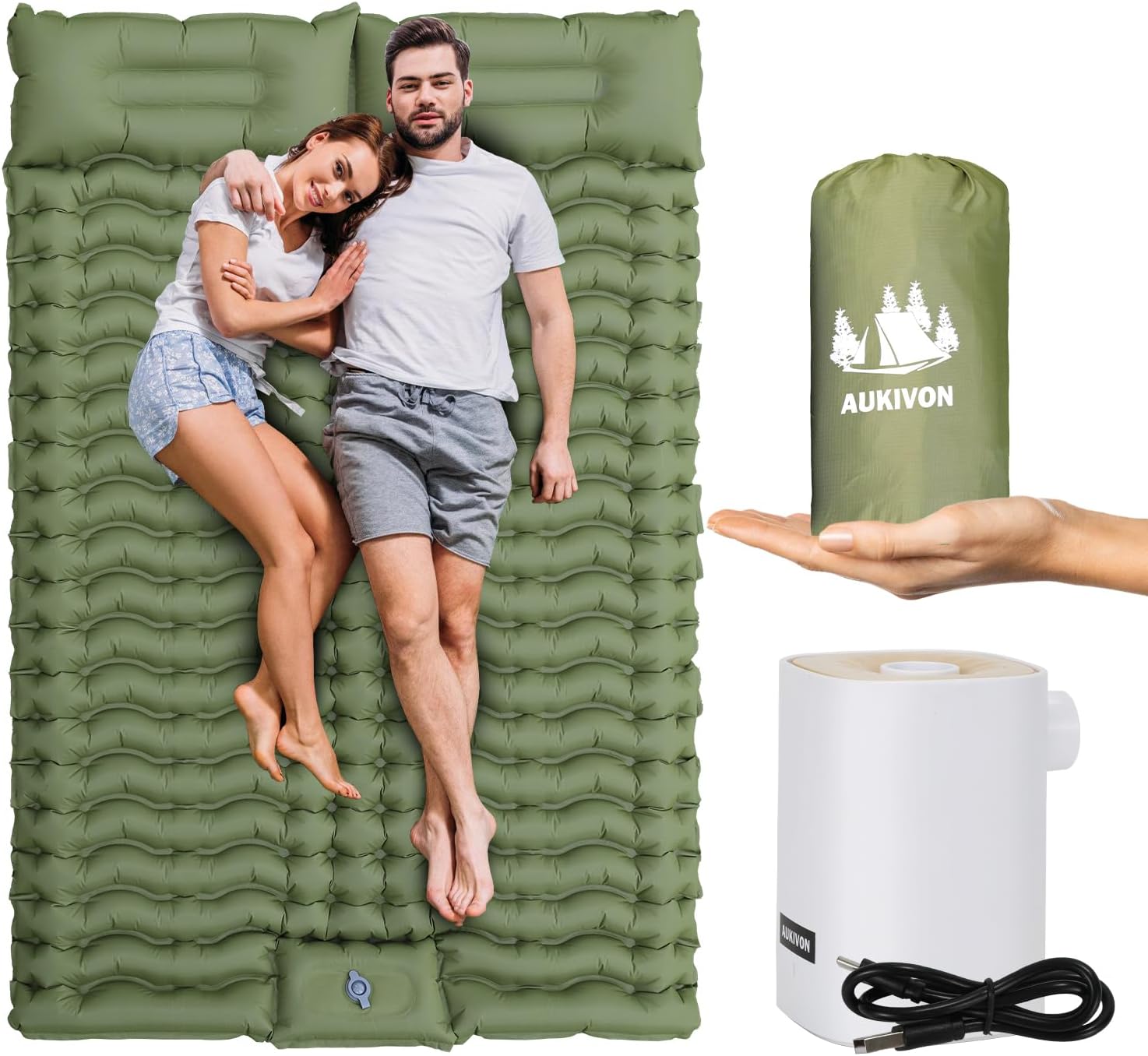 AukivonCamping Sleeping Pad with Mini Electric Pump Self Inflating Sleeping Pad 4'' Extra Thickness Full Size Double Sleeping Pad for Camping 2 Person,45s Fast Inflation, Camping Mattress Pad,Green