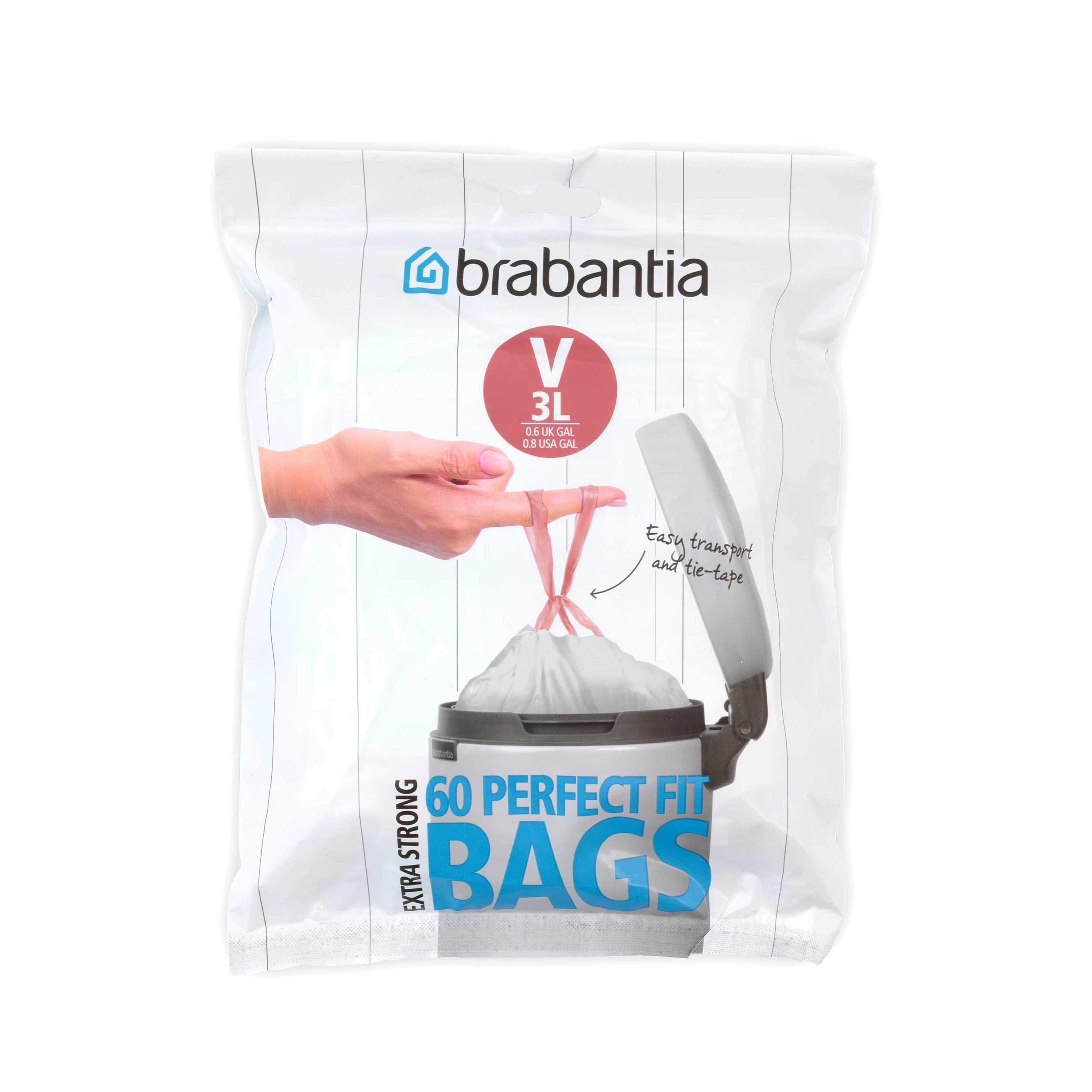 Brabantia IdealFit Bin Liners (Size V/3 Litre) Ideal Quality Thick Plastic Trash Bags with Tie Tape Drawstring Handles (60 Bags)