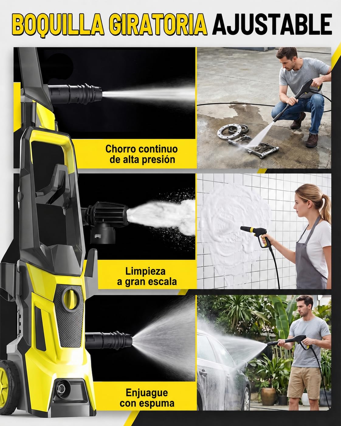 3000W Hidrolimpiadora de Alta Presión 135 Bar, Caudal 360L/h con Bomba de Aluminio Profesional, Manguera de 10m y Kit de Limpieza Completo para Coche, Jardín, Terrazas y Fachadas