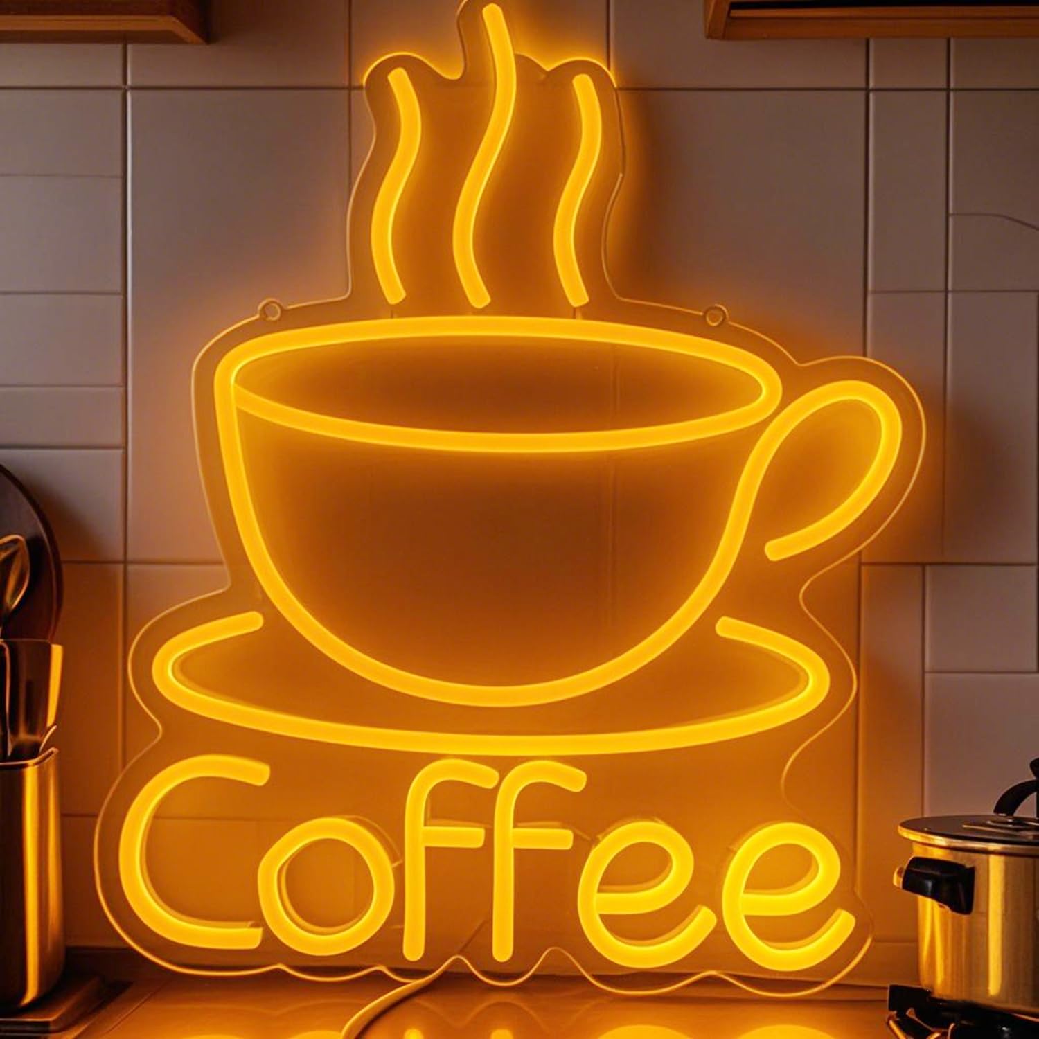 LED Coffee Cup Neon Sign Large 5V USB Powered Acrylic Neon Lights with Dimmable Switch and Hanging Chain for Coffee Cafe Bar Party Living Room Sign Gifts(Yellow)