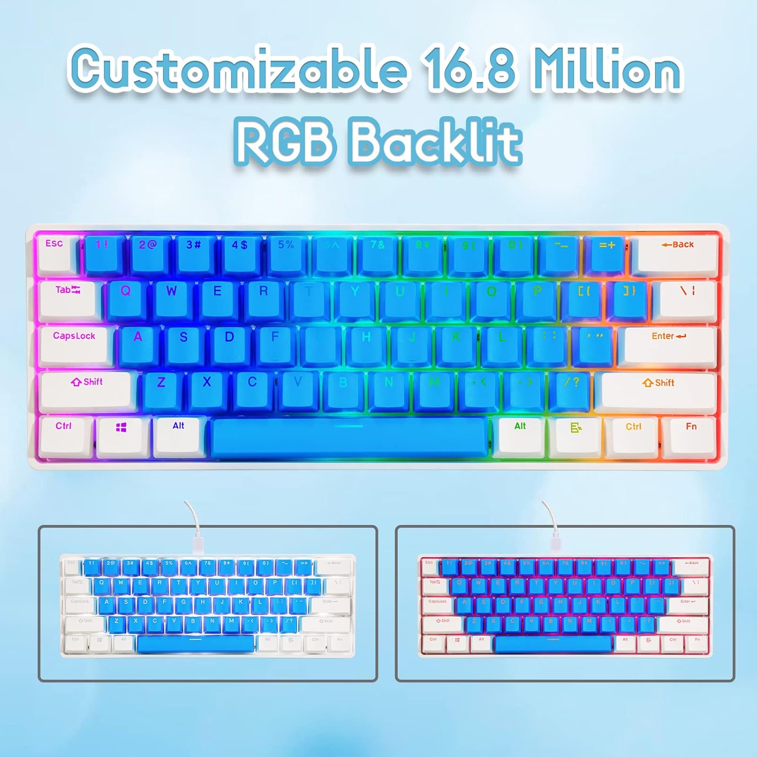 HUO JI Portable 60% Mechanical Gaming Keyboard with Hot Swappable Blue Switch, Customizable RGB Backlit, Detachable USB-C Cable, Compact 61 Keys Wired for Windows Laptop PC Mac - Blue/White