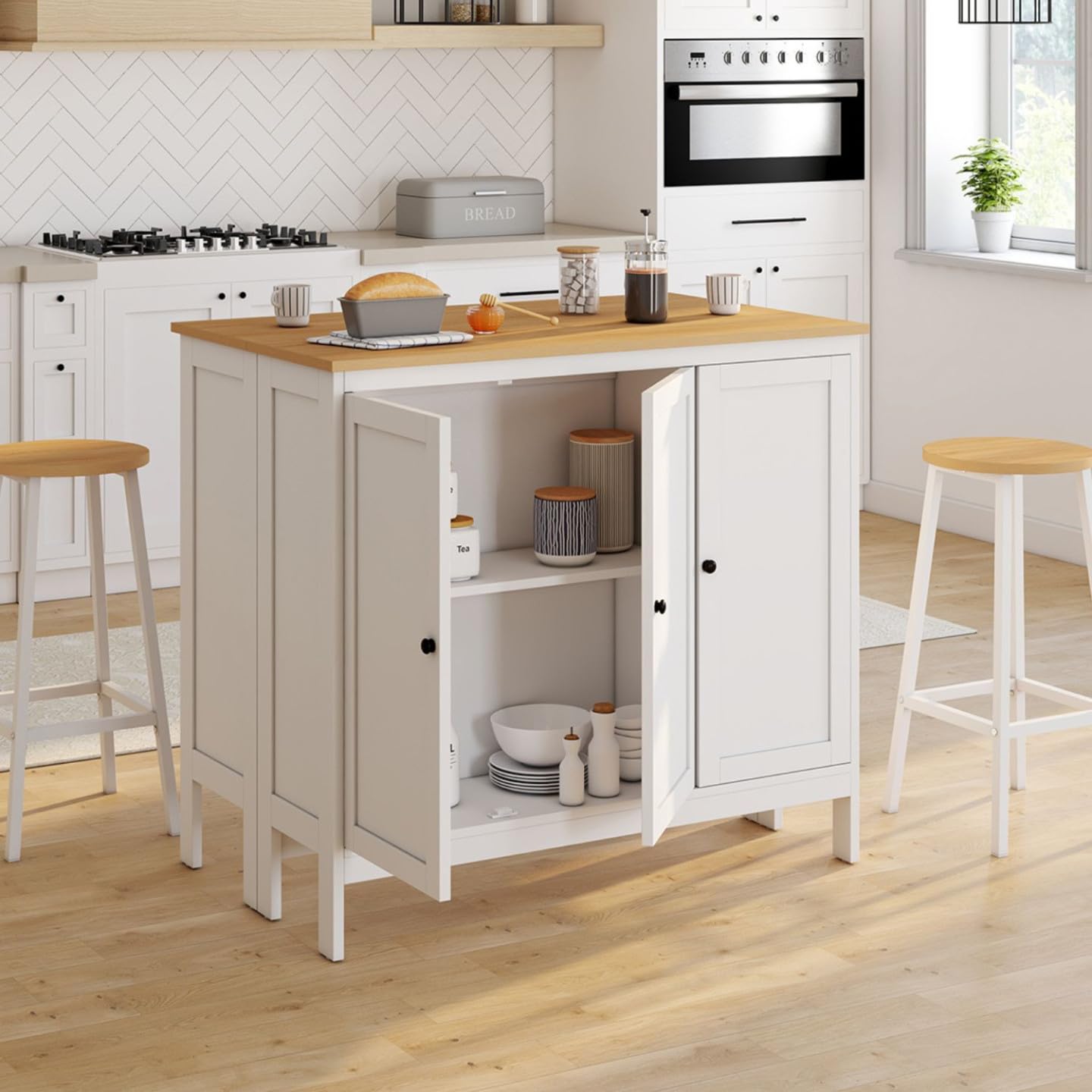 IDMarket – Conjunto de mesa de bar ilot Aquiles y 2 taburetes madera blanca bandeja forma haya