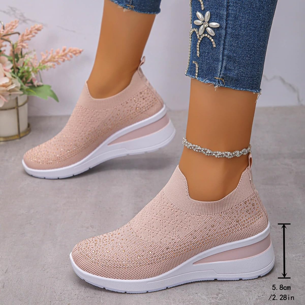 Tenis de cuña transpirables con diamantes de imitación brillantes para mujer, de malla, sin cordones, con plataforma de cuña ortopédica, brillantes para boda, zapatos de tenis de punto para novia