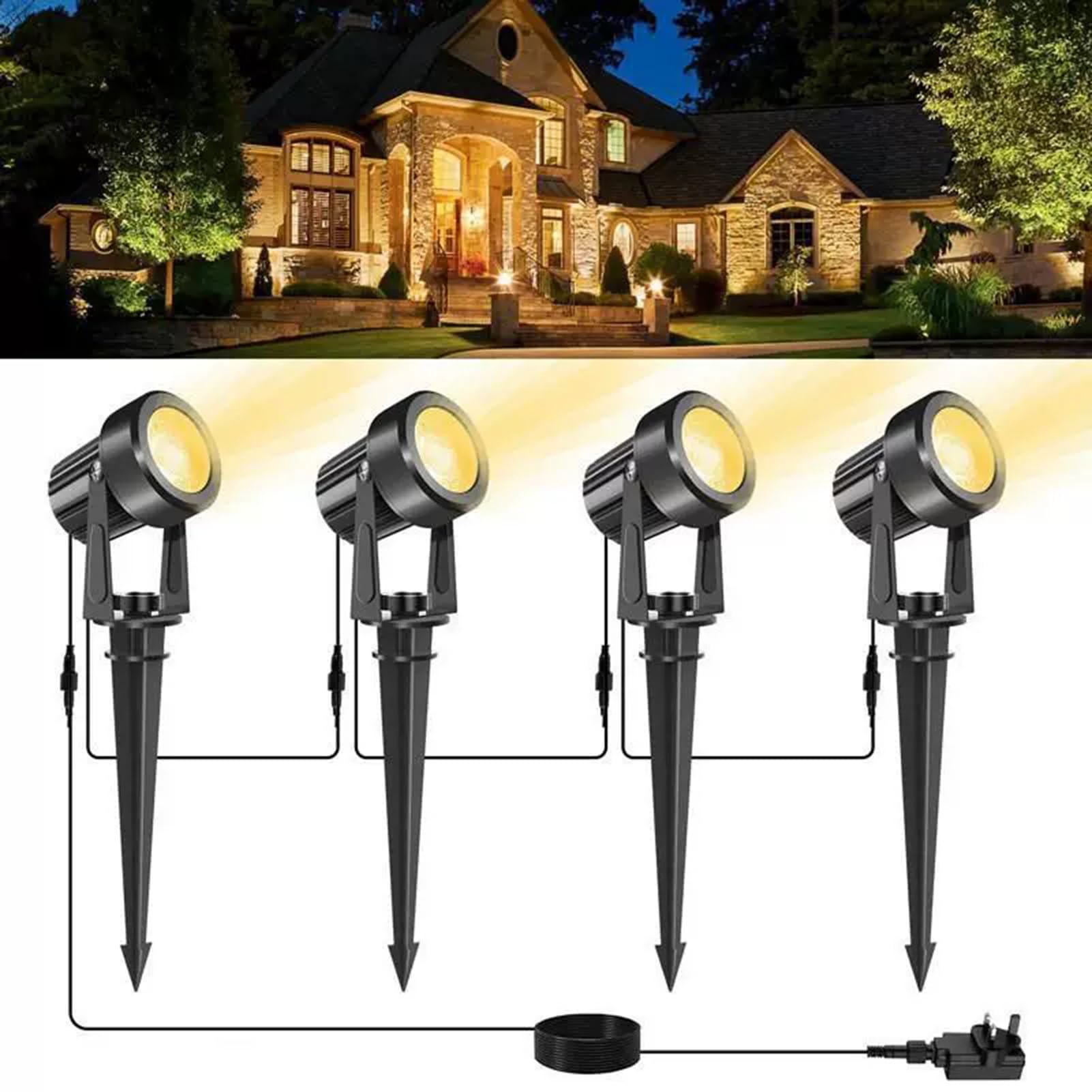 GUODDM Outdoor Landscape Spotlights 12W, Garden Spot Lights, LED 4-in-1 Spike Lights with Adapter, IP65 Waterproof 5V LED Garden Spike Light for Lawn, Pathway, Yard(3000k-4 in 1)