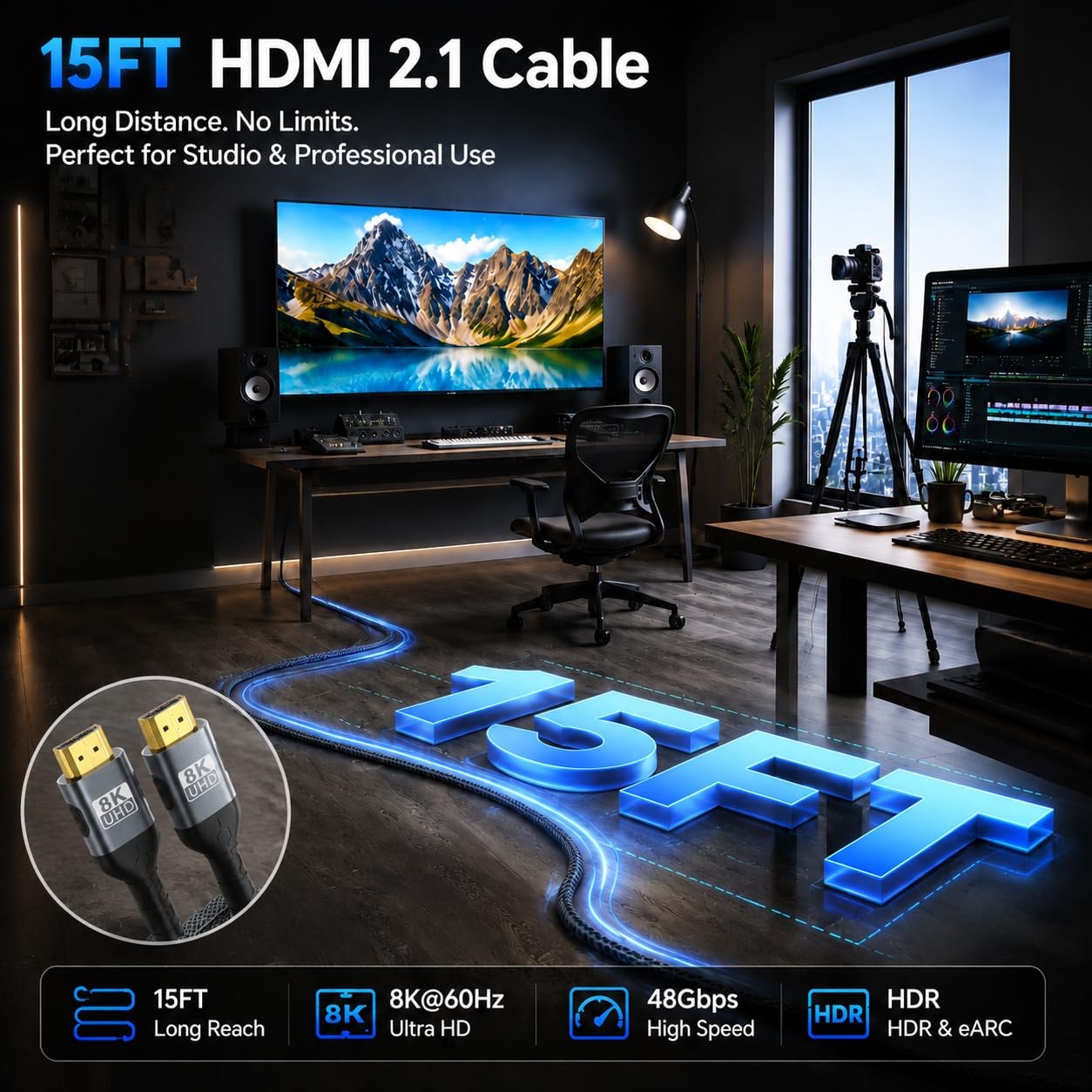 Cable HDMI 2.1 largo 8K @60 de 15 pies, paquete de 5, cable HDMI de alta velocidad de 48 Gbps, cable HDMI de 8 K a 60 Hz 4K a 120 Hz con HDR eARC VRR Dolby Vision para PS5/Roku TV/Blu-ray