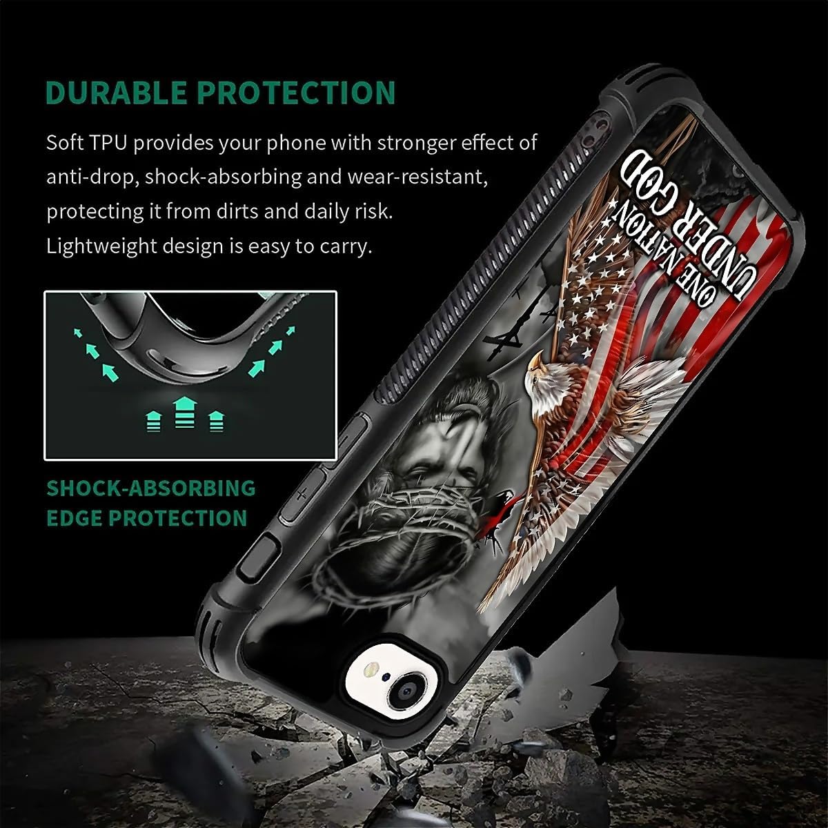 Case for iPhone 16e 6.1 inch,Four Corner Airbag Protection Design Soft Silicone Frame Personalized Pattern Case Compatible with iPhone 16e for Men-Jesus Eagle Flag - Image 2