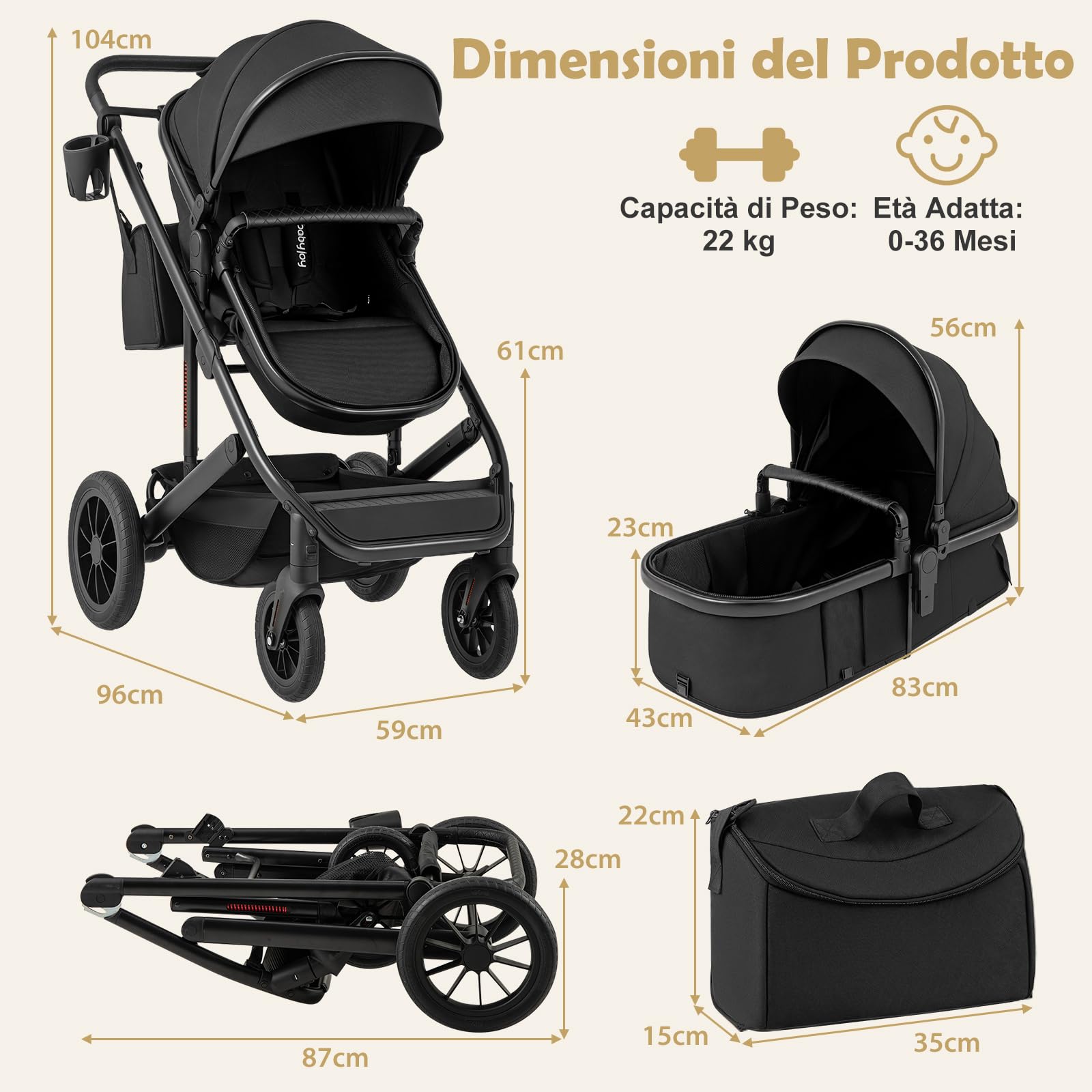 RELAX4LIFE Passeggino Pieghevole 3 in 1, Tettuccio e Manico Regolabili, Cintura di Sicurezza, 4 Ruote Scorrevoli, Cestino Portaoggetti, Portabicchieri, Borsa per il Trasporto (Nero)