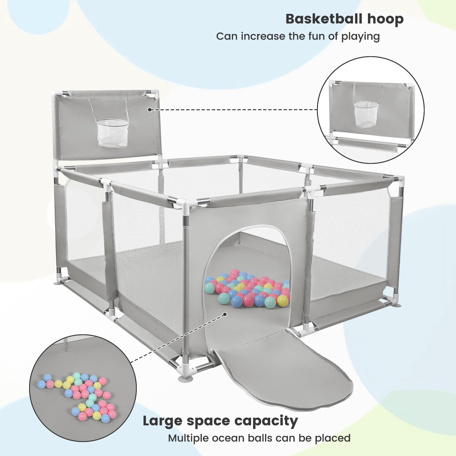 Parc Bébé,grand parc pour enfant en bas âge, Filet Respirant et Ventouses Antidérapantes, pour Enfants en Tissu Oxford 210D, Parc de Jeu Intérieur et Extérieur (126 x 126 x 66 cm (A) Gris clair)