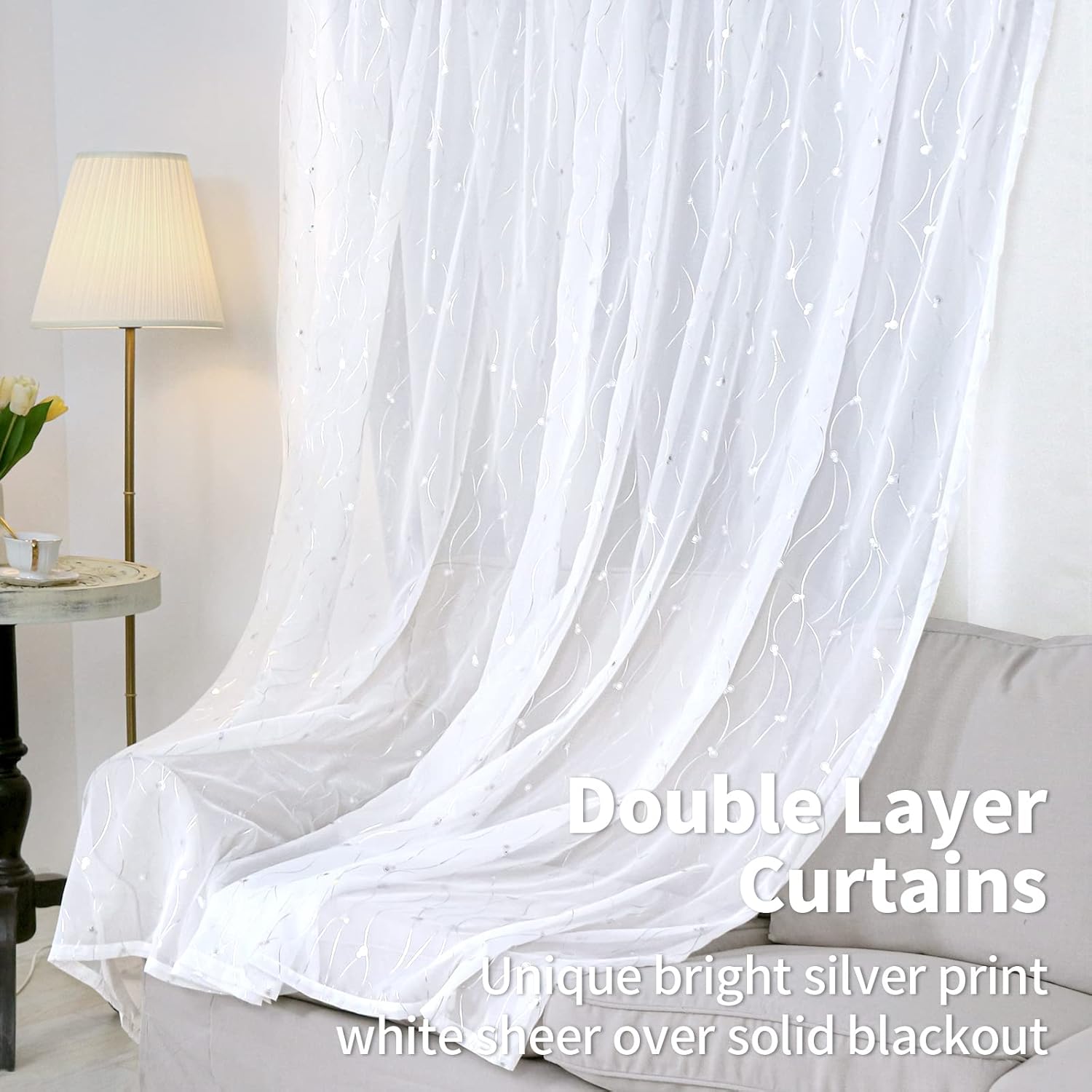 BGment White Room Darkening Curtains 95 Inched Long with Sheer Overlay, Silver Printed Grommet Thermal Insulated Window Tulle Curtains for Bedroom/Living Room, 2 Panels 52 x 95 Inch, Pure White