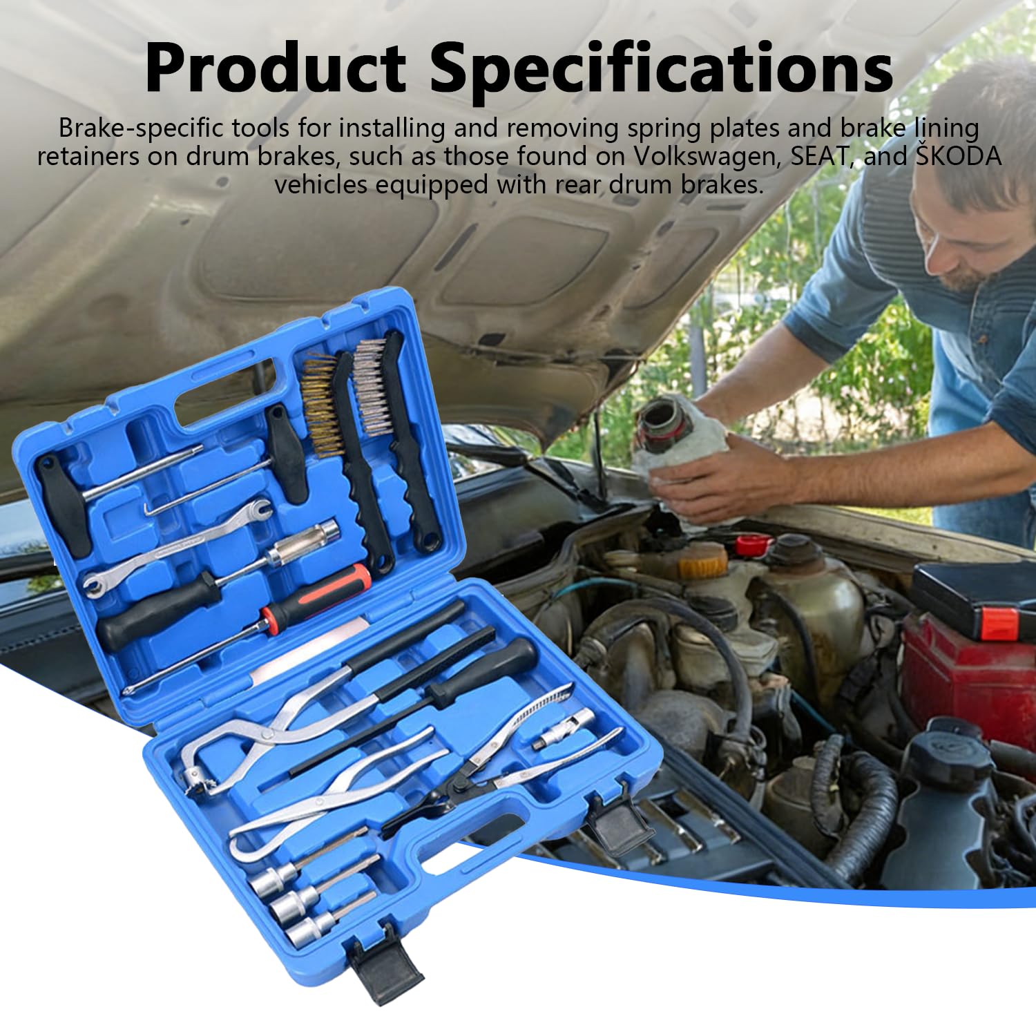 Kit de herramientas para tambor de freno de coche, 15 piezas, incluye herramientas para tambor de freno para sistemas de freno de disco y tambor, montaje en taller, incluye todo para el intercambio