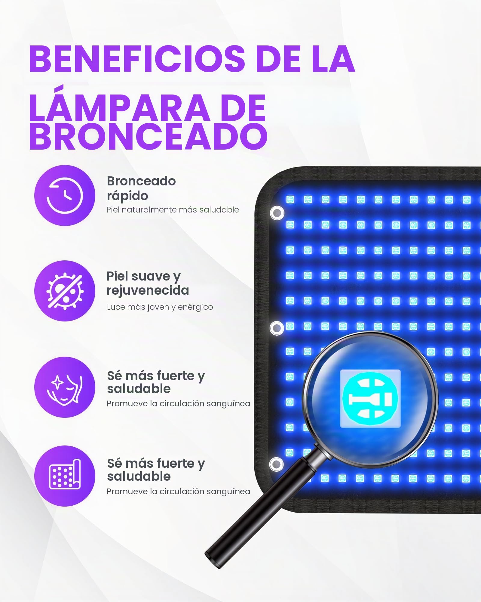 Lámparas bronceadoras 460 nm 490 nm 100x60 cm, bronceador facial 5 intensidades, 3 modos constante/10 Hz/40 Hz pulso, tumbado/colgado