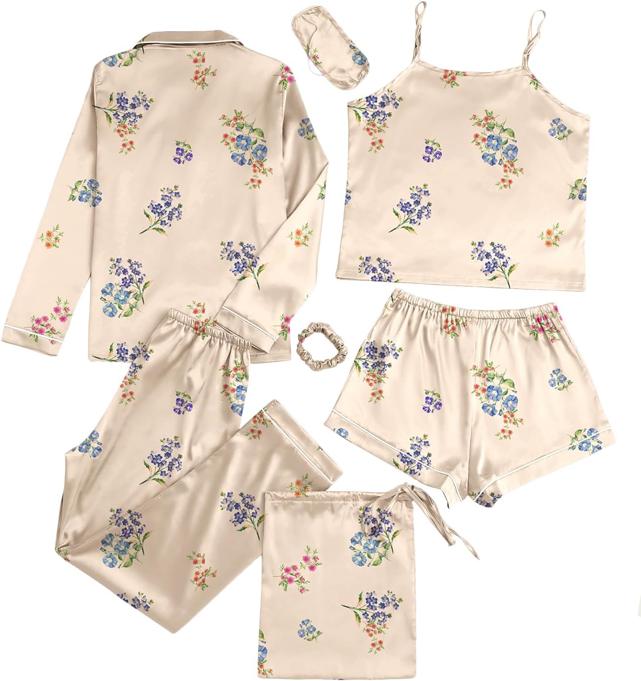 LYANER Women's Pajamas Set 7pcs Silk Satin Sleepwear Loungewear Cami Shirt Pj Set - Image 2