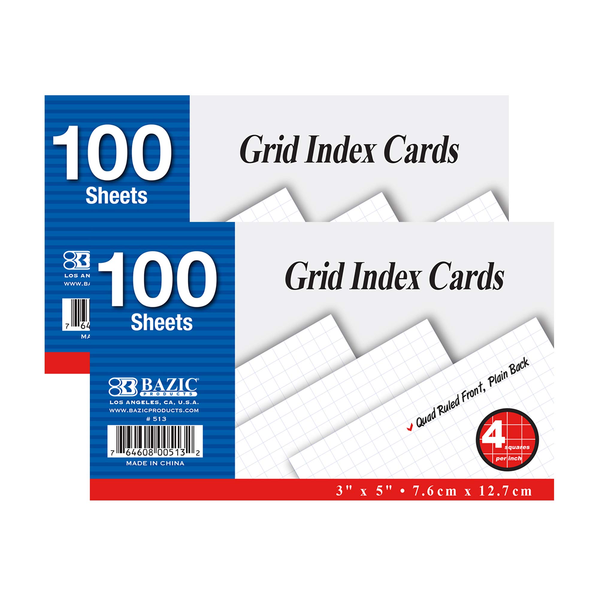 BAZIC Products Quad Ruled Index Cards 3" X 5" 200 Count, White Flashcards, Squares 4-1" Graph Ruled Lined Card for Learning Memory Reminder (100/Pack)