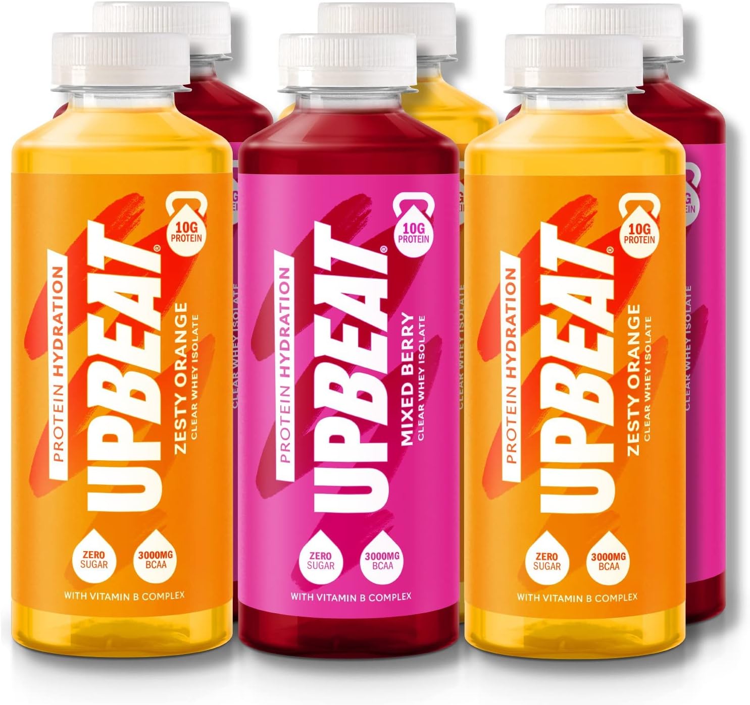 UPBEAT Protein Water Hydration - 6x 500ml, 3x Zesty Orange, 3x Mixed Berry Taster Pack, BCAA, 10g Clear Whey Isolate, Lactose Free, Zero Sugar, Ready to Drink