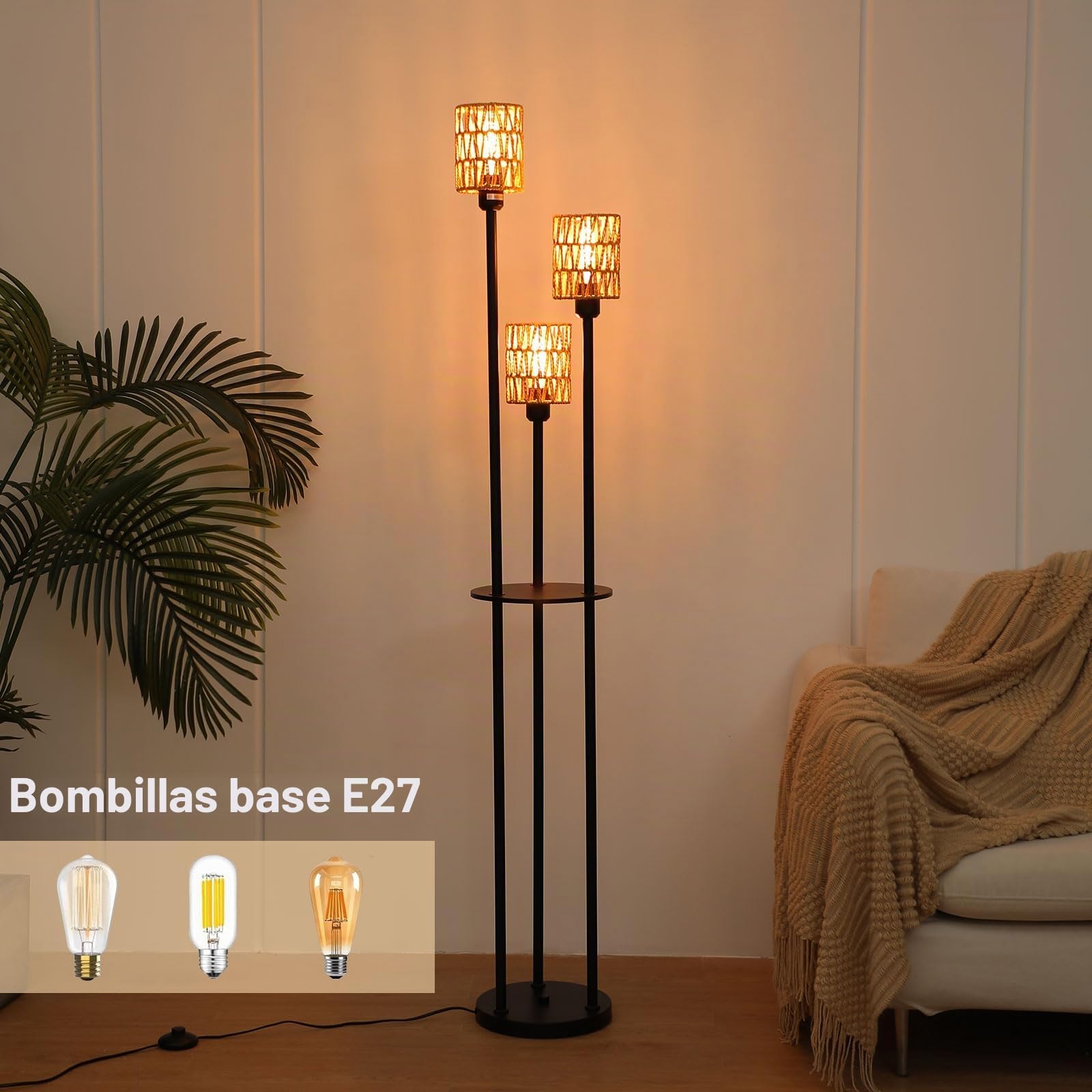 Lampara de Pie Salon Ratán Bohemio, 3 Luces con Estante E27
