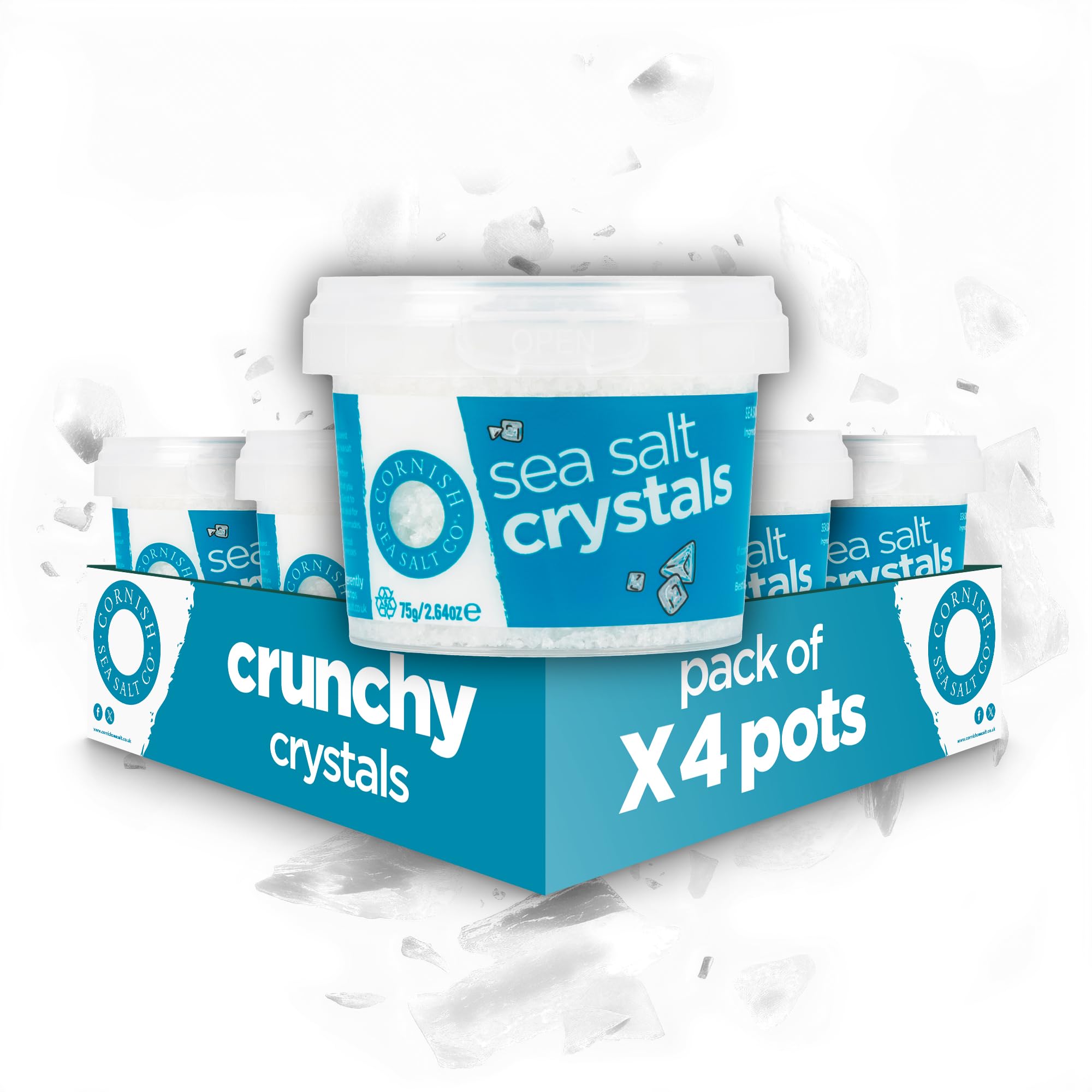 Cornish Sea Salt - Crystals - Crunchy Mineral Crystals with Calcium, Potassium and Magnesium and Reduced Content of Sodium - Spices for Cooking, Cooking Salt - 4 x 75g