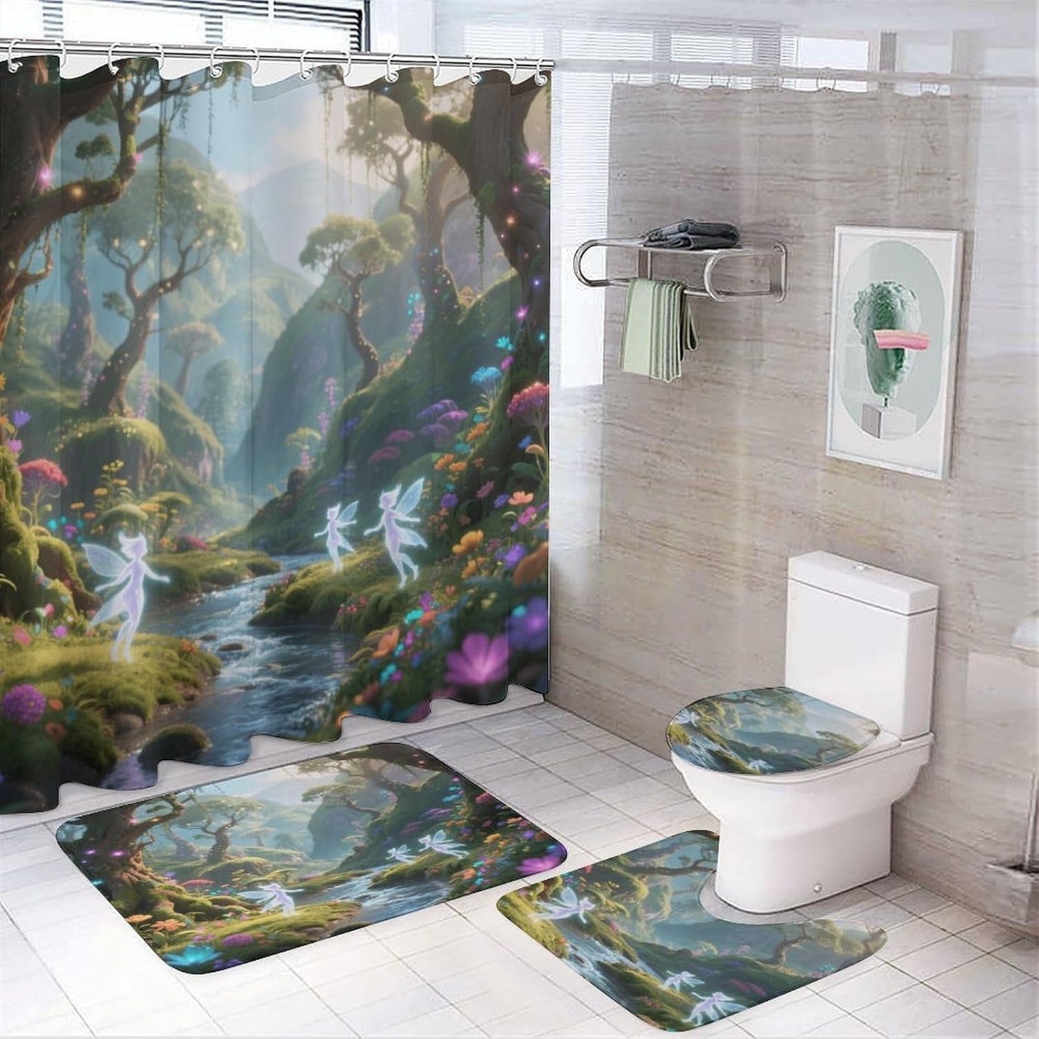 Elf Valley Bath Rug Set 4 Piece,Bathroom Accessories Set-Toilet Rugs U Shaped,Toilet Lid Cover,Shower Curtain and Rugs,Ultra Soft, Absorbent,Home Decor