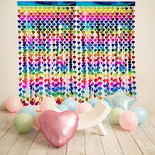 Miniatura 3 de Cortinas con flecos para decoración de fiesta de arcoíris, cortina brillante con diseño de corazón de arco iris, cortina de papel de aluminio para