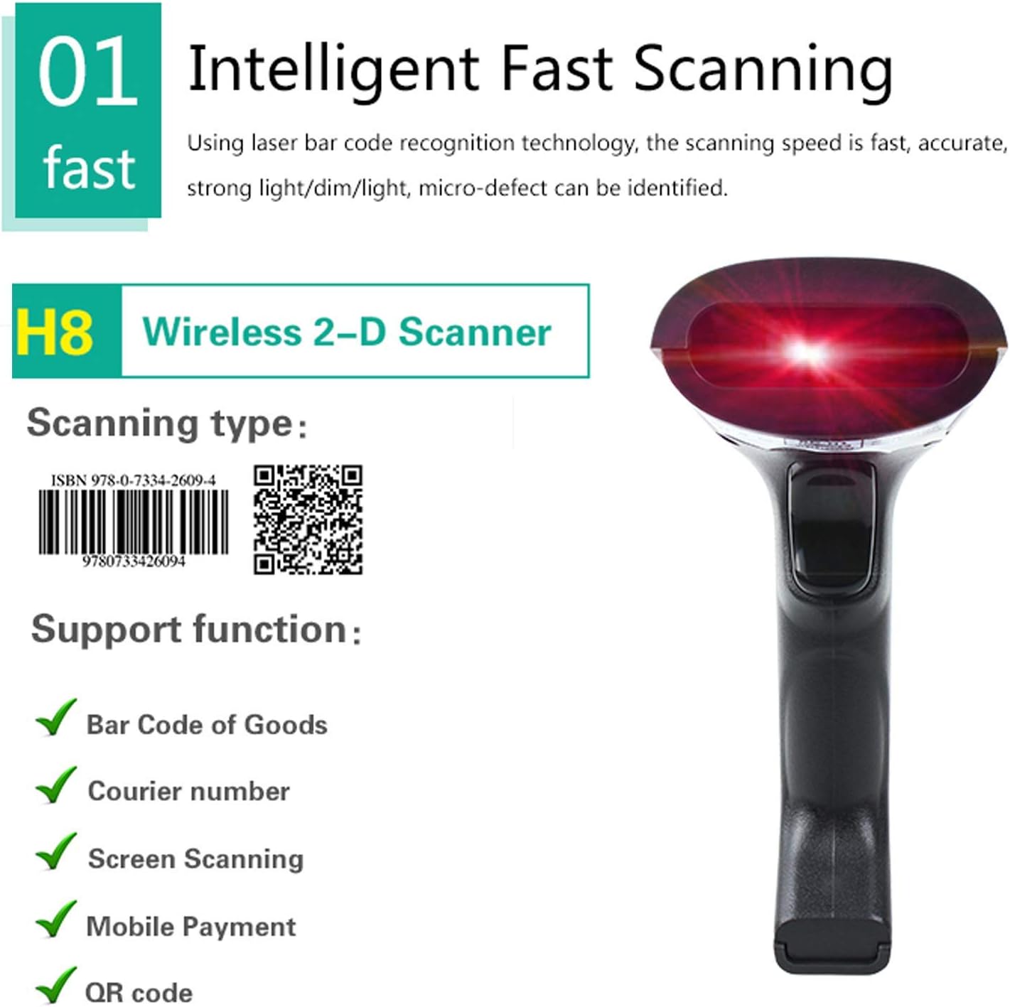 KEFAR KR-H8 Barcode Scanner Intelligent Fast Scanning Features