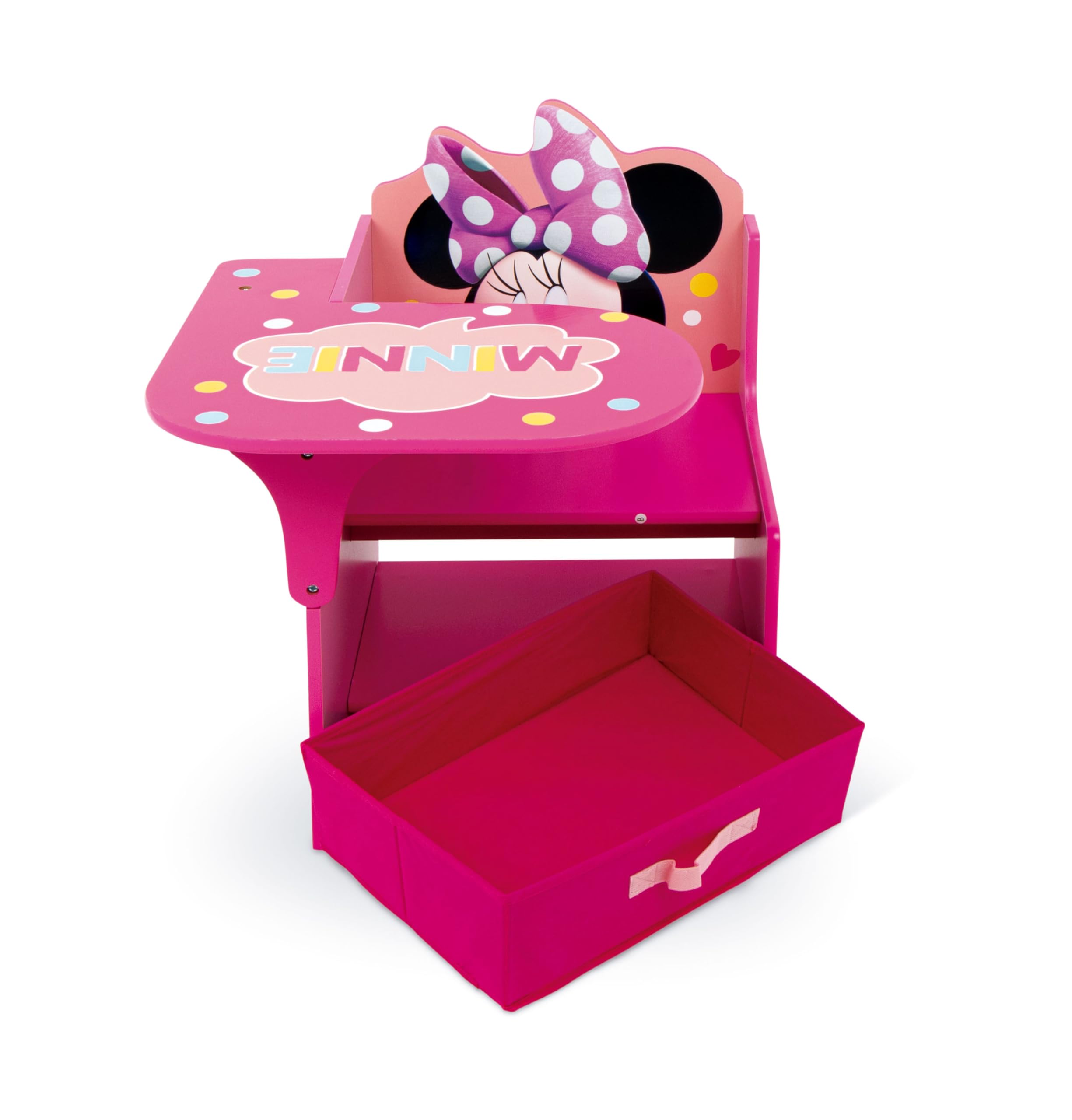 ARDITEX - Silla-Pupitre Infantil de Madera con contenedor Textil de Minnie Mouse de Disney - 62x30x60cm - Color Rosa - Ideal para Manualidades, estudiar o Jugar.